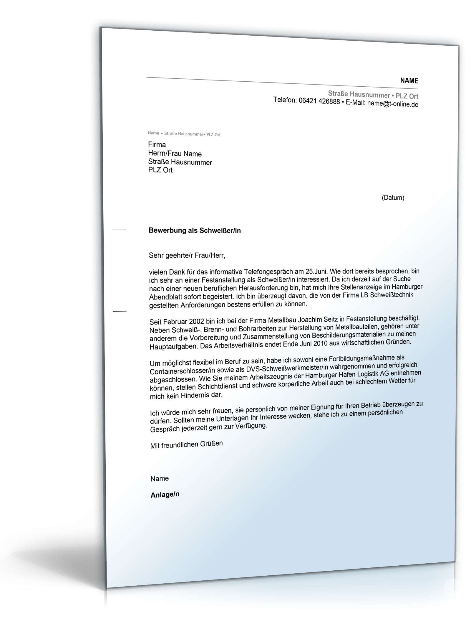 Anschreiben Bewerbung Schweißer Excel