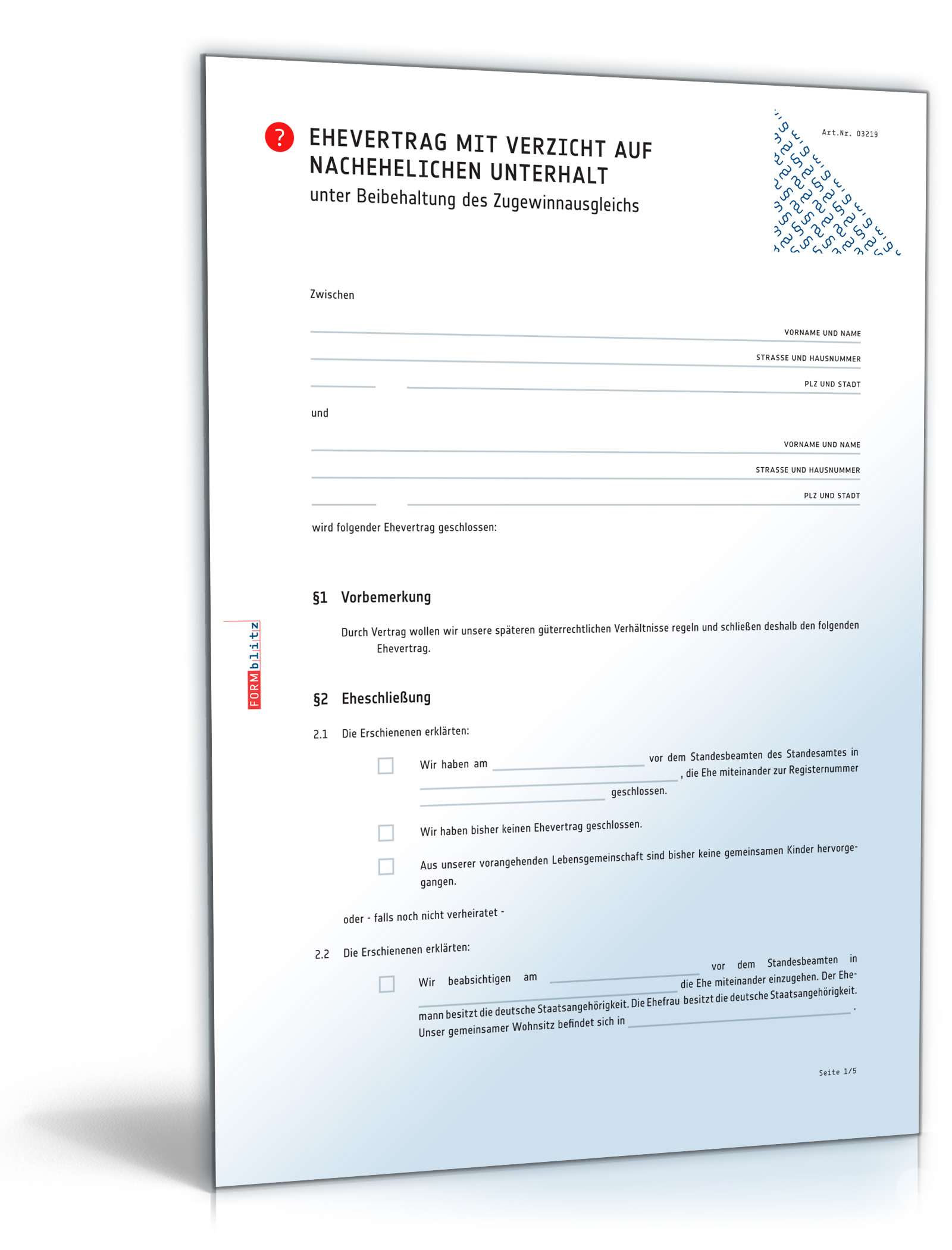 Ehevertrag mit Verzicht auf nachehelichen Unterhalt und Beibehaltung des Versorgungsausgleichs PDF