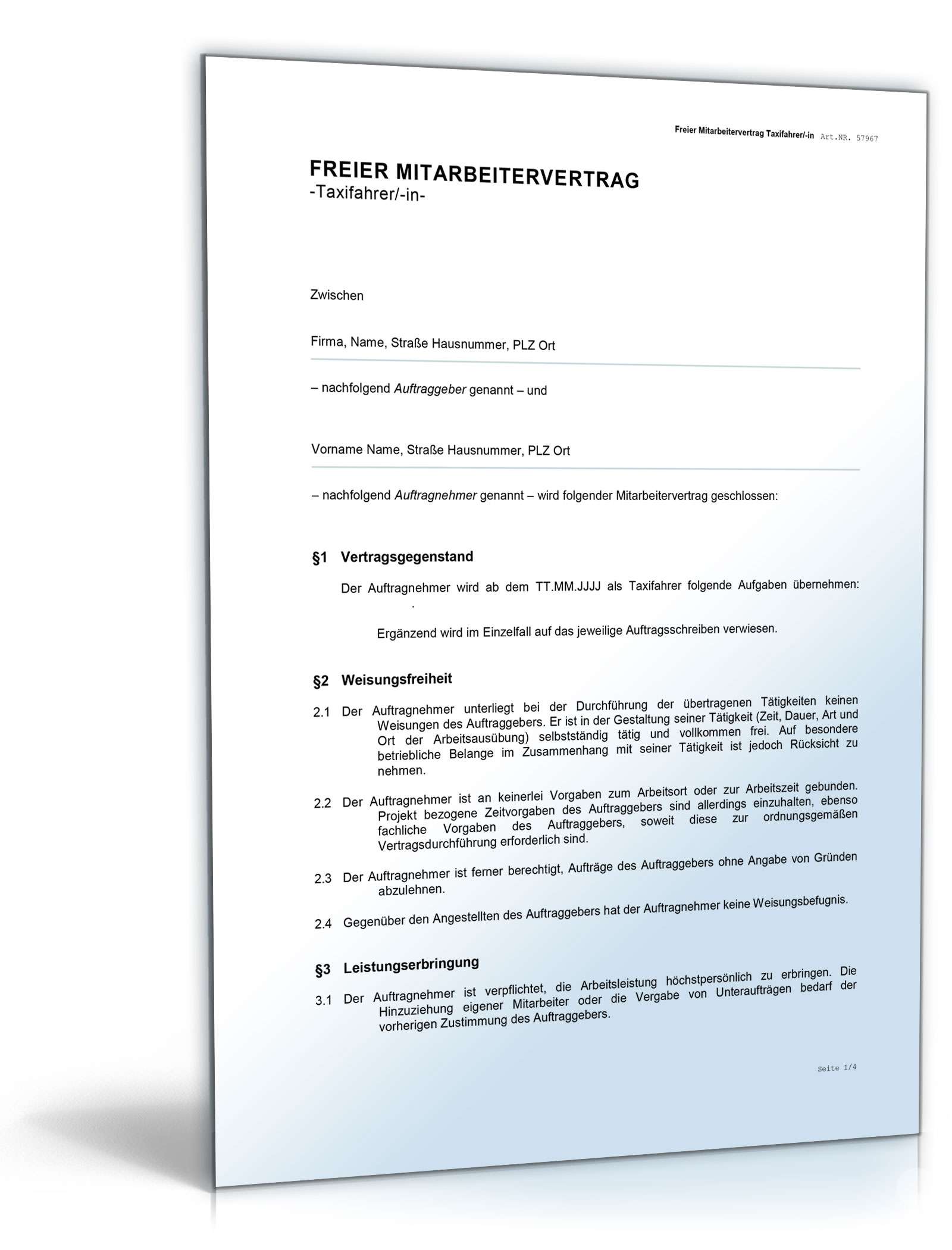 Freier Mitarbeitervertrag Taxifahrer Word