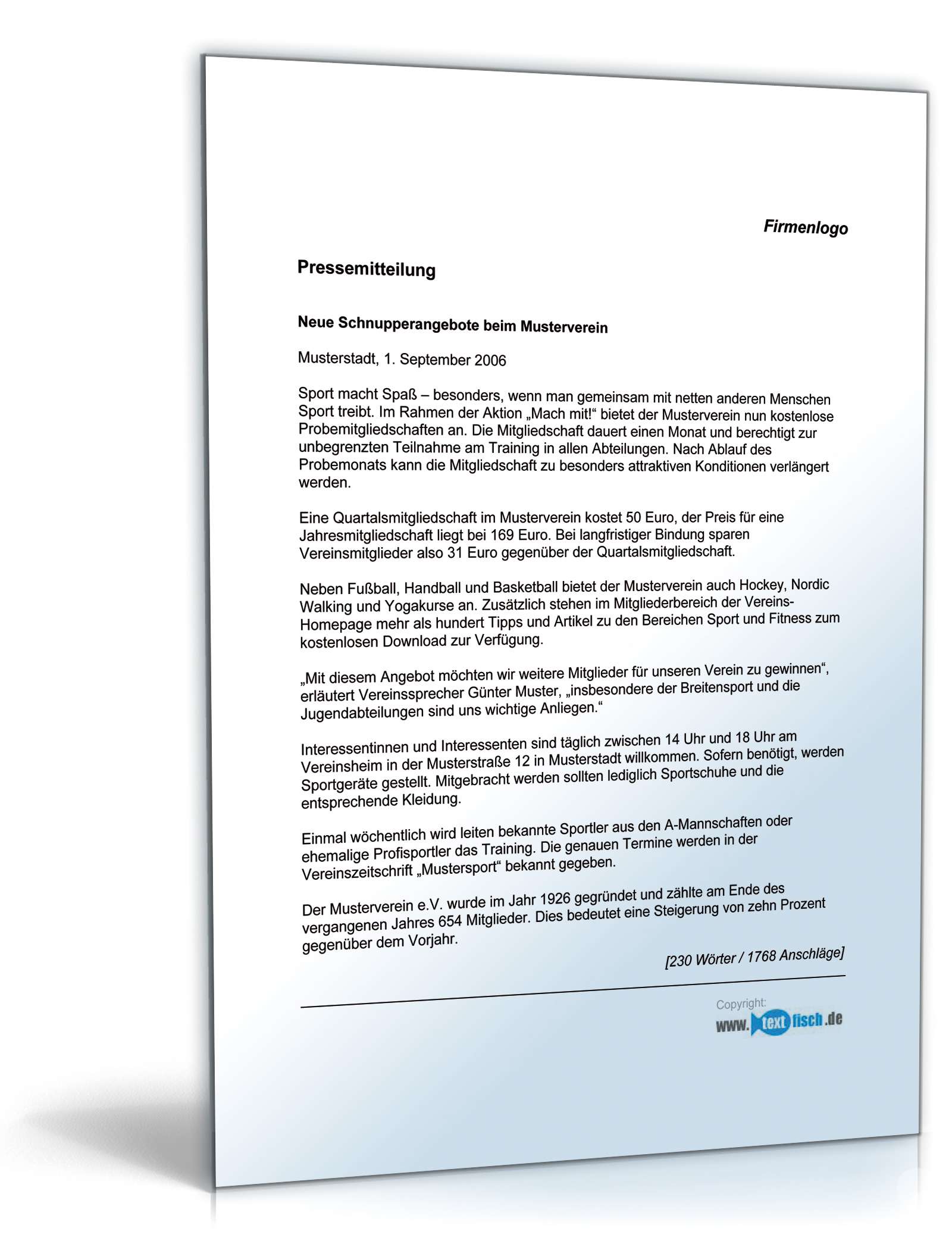 Pressemitteilung über kostenlose Probemitgliedschaft im Verein