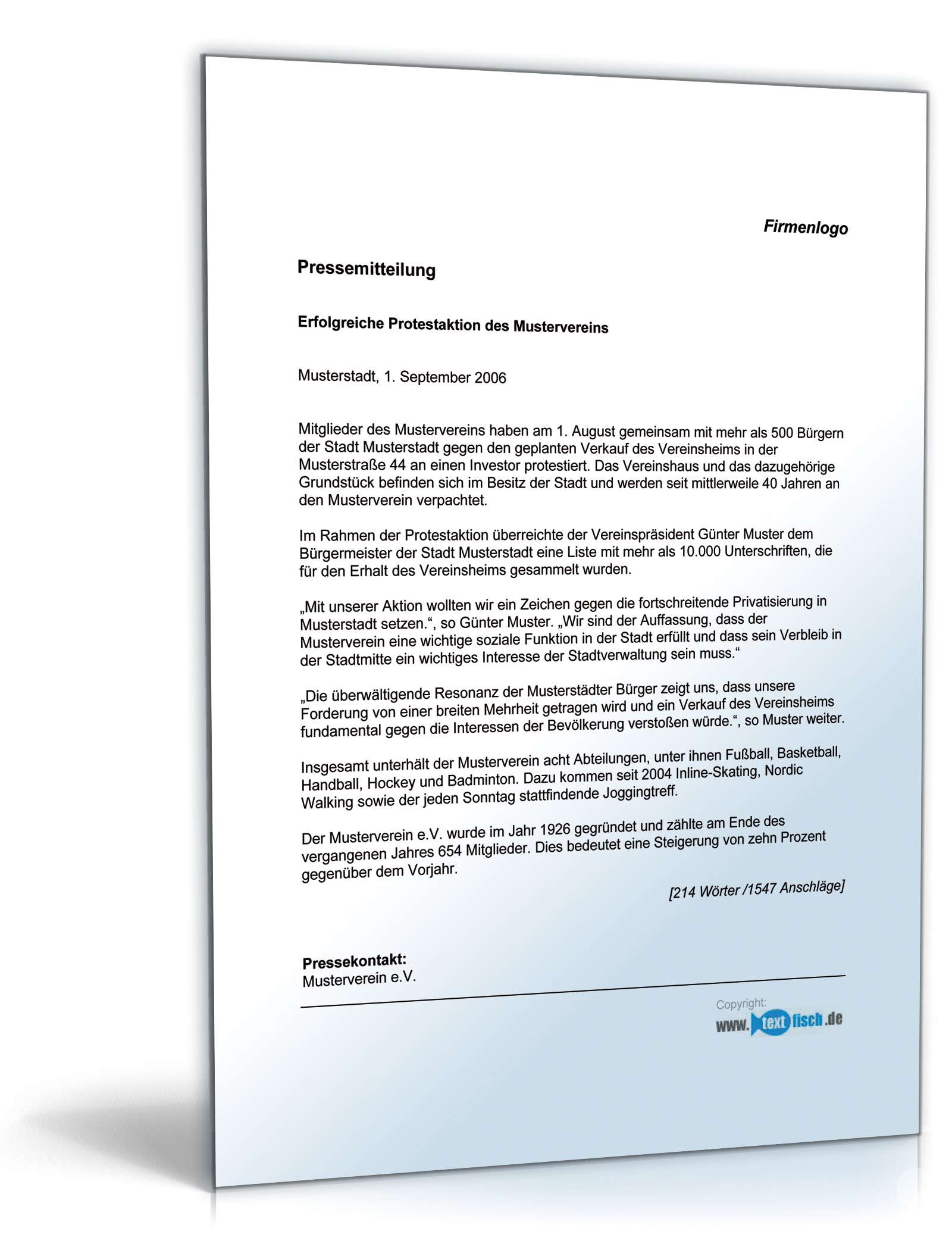 Pressemitteilung Bericht eines Vereins über eine Protestaktion