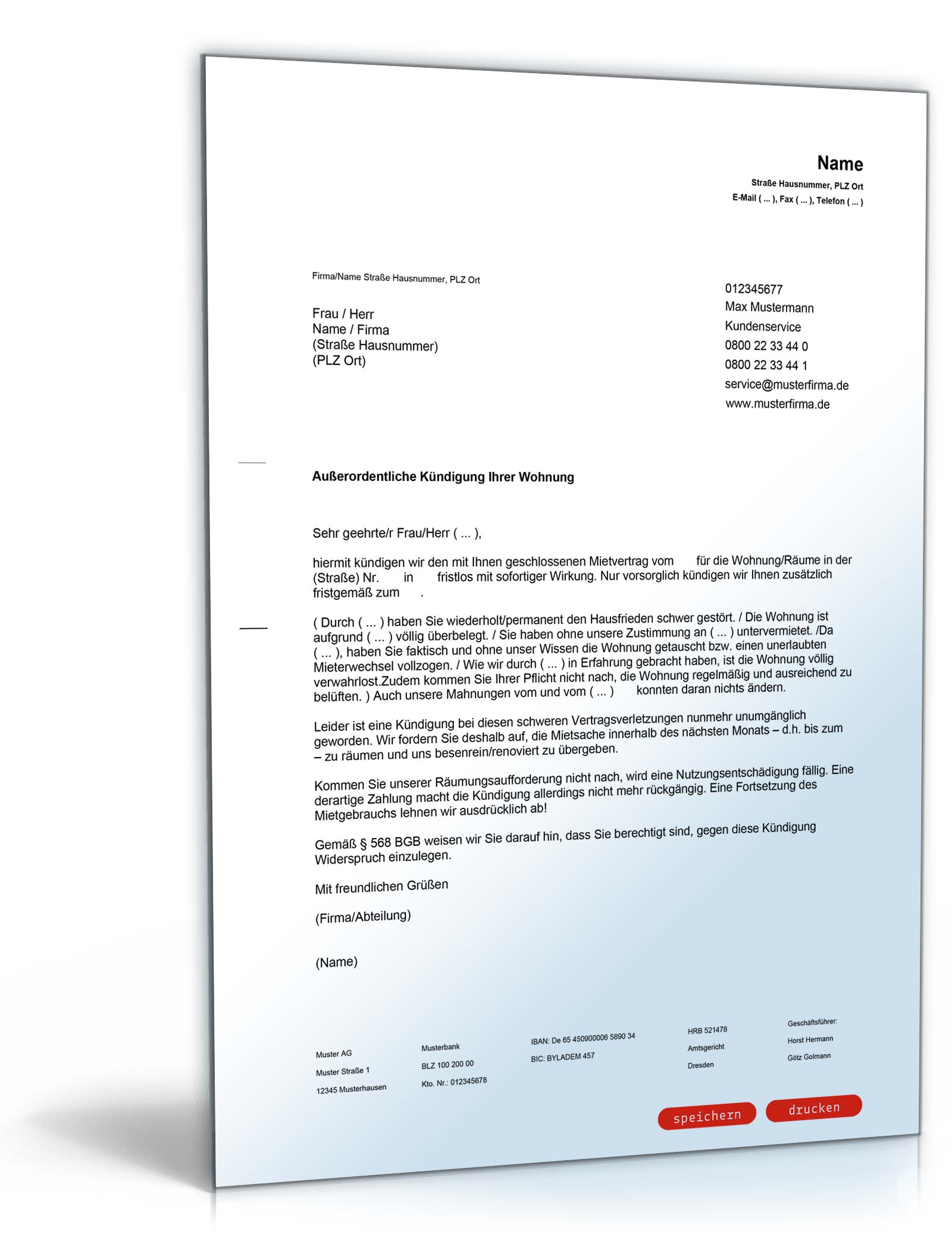 Fristlose Kündigung durch Vermieter Word