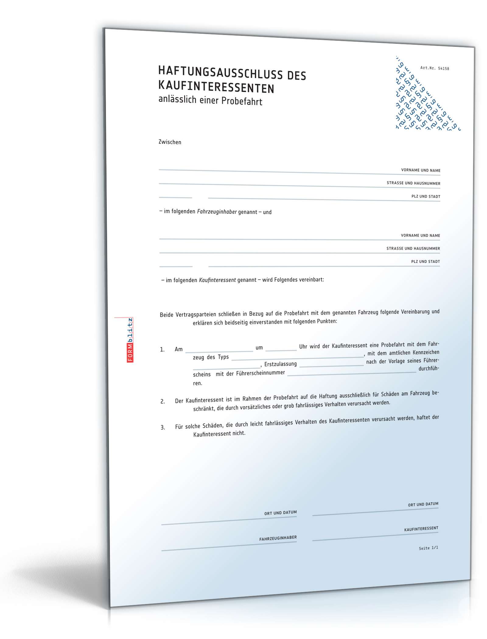 Haftungsausschluss bei Probefahrten Word