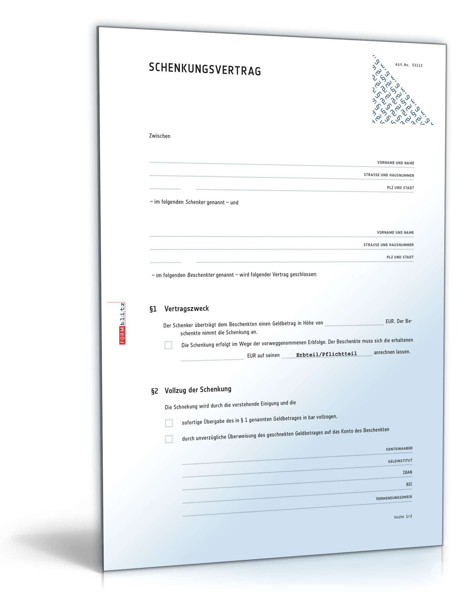 Schenkungsvertrag Geld PDF