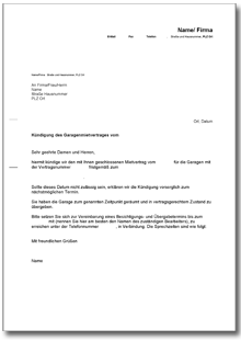 Fristgemäße Kündigung Garagenmietvertrag durch Vermieter Word