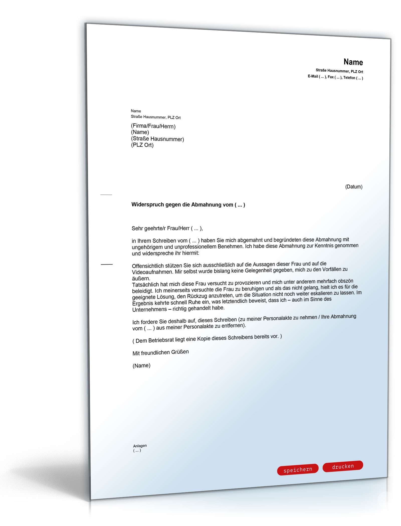 Gegendarstellung Abmahnung ungehöriges Benehmen PDF