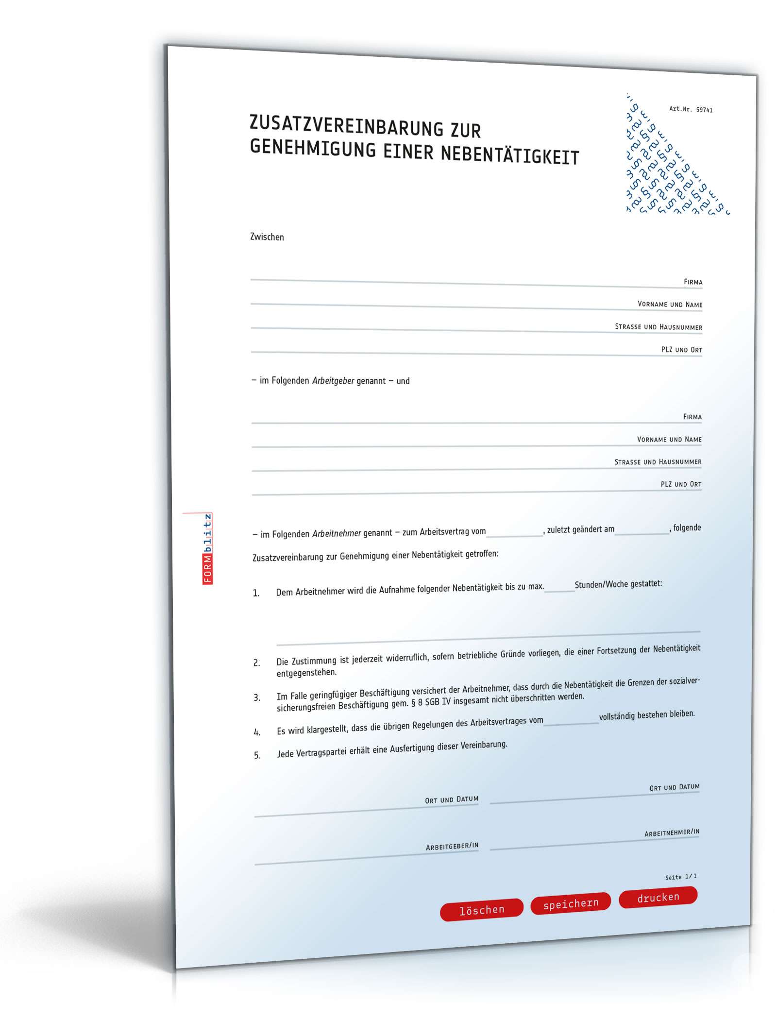 Zusatzvereinbarung Genehmigung Nebentätigkeit Word