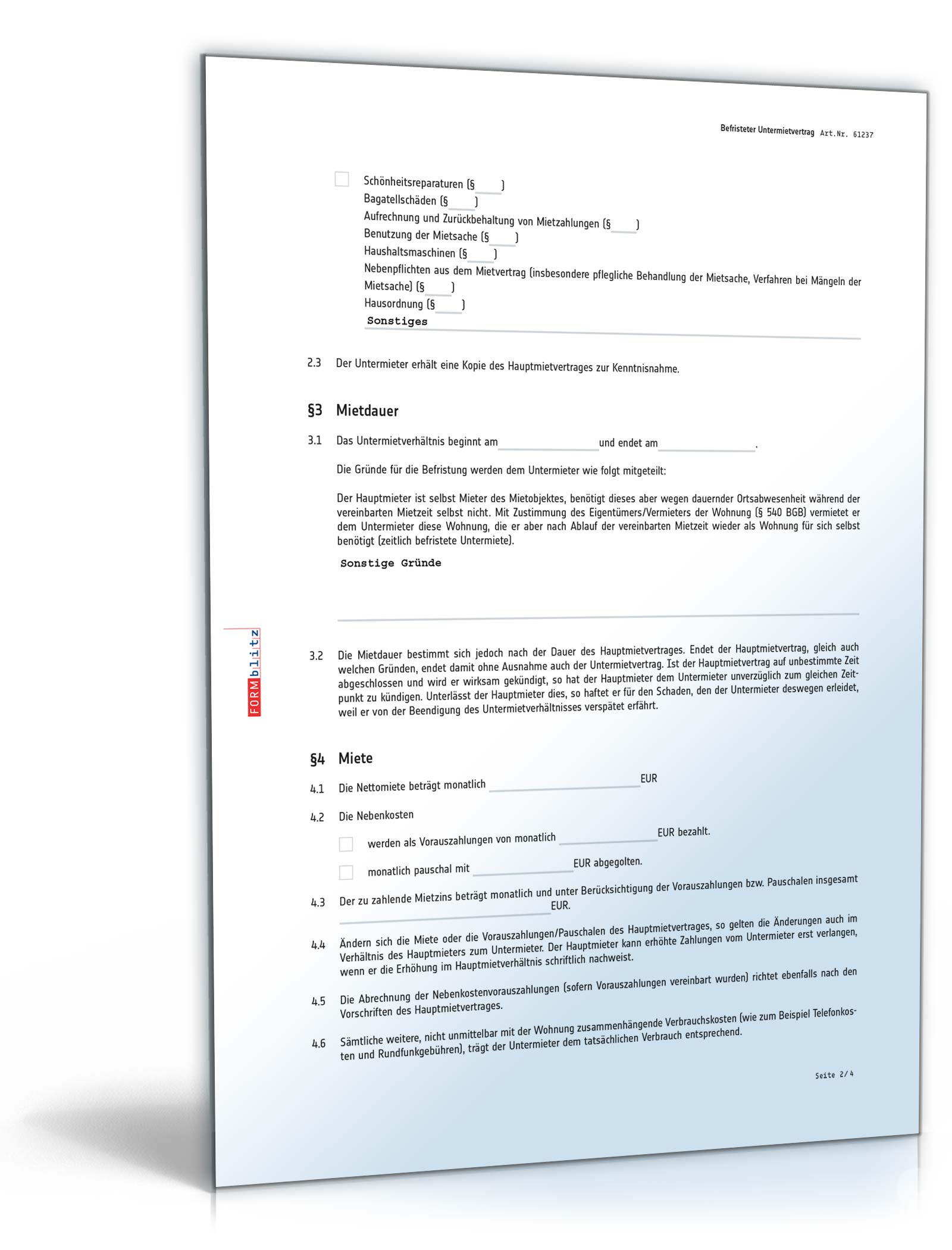 Befristeter Untermietvertrag PDF. Seite: 2