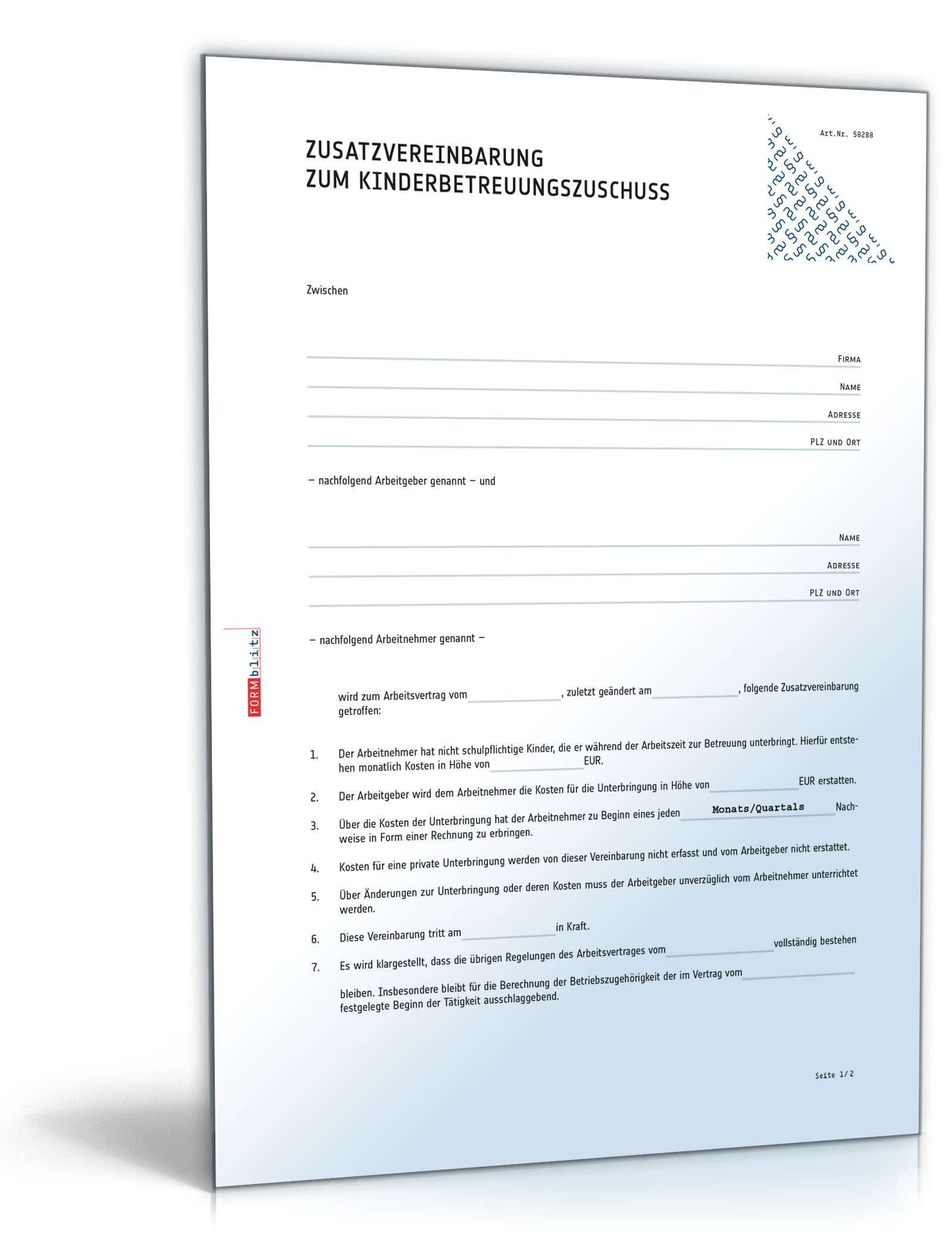 Zusatzvereinbarung zum Kinderbetreuungszuschuss Word