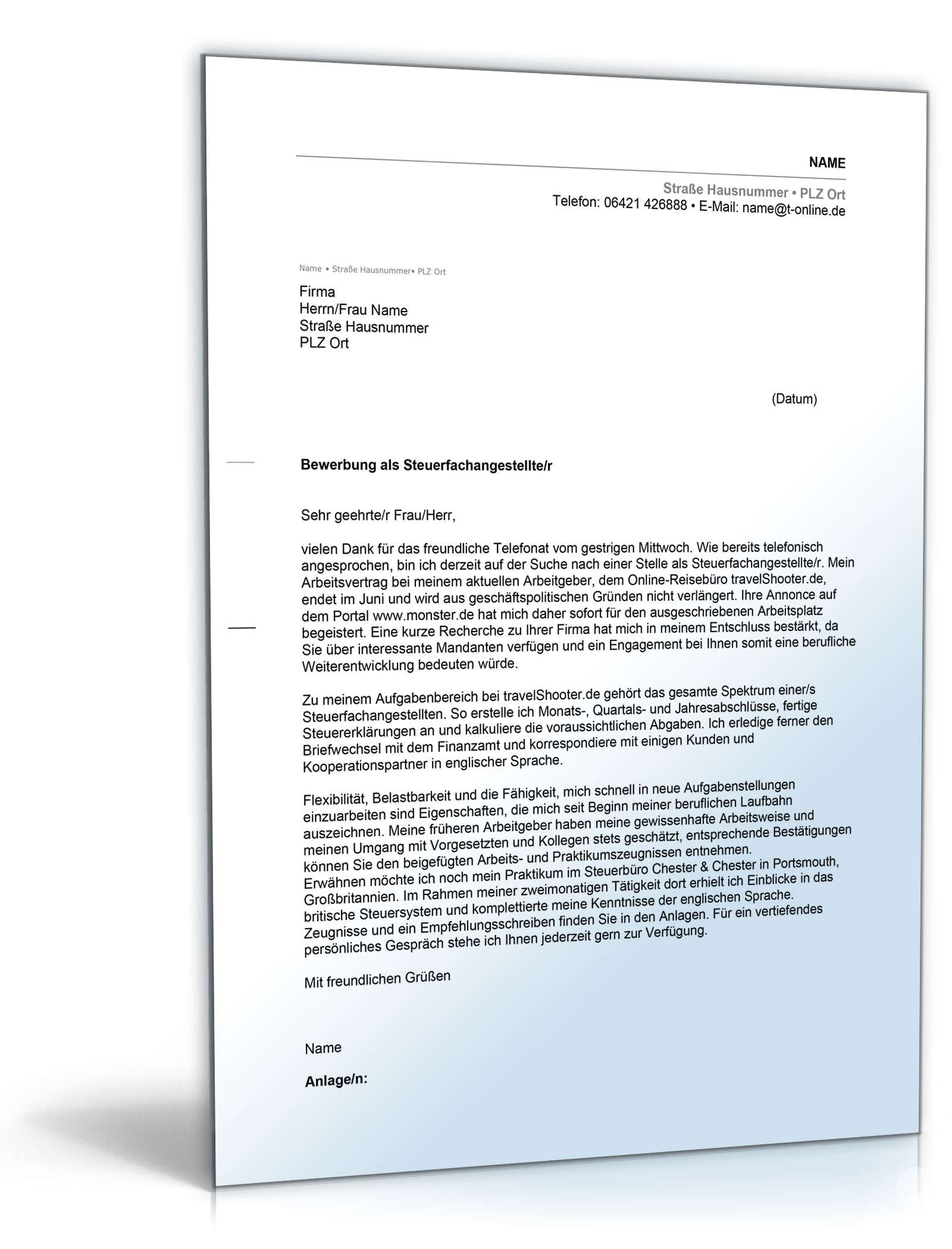 Anschreiben Bewerbung Steuerfachangestellte Excel