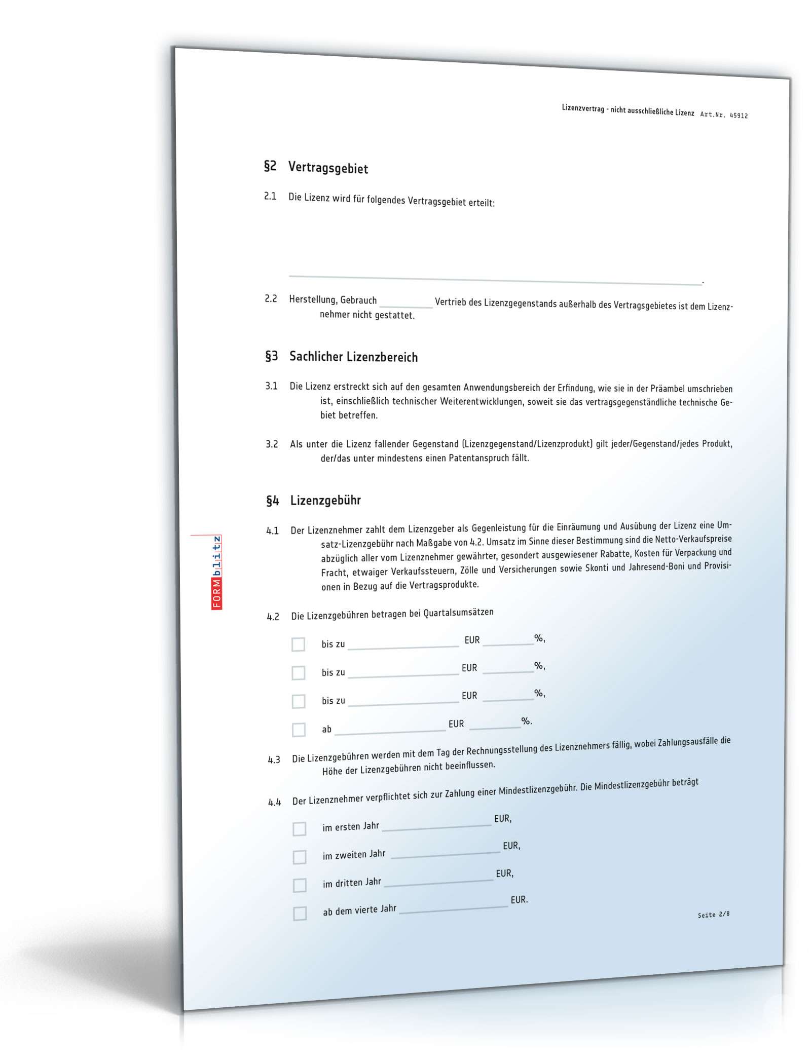 Lizenzvertrag nicht ausschließliche Lizenz PDF. Seite: 2