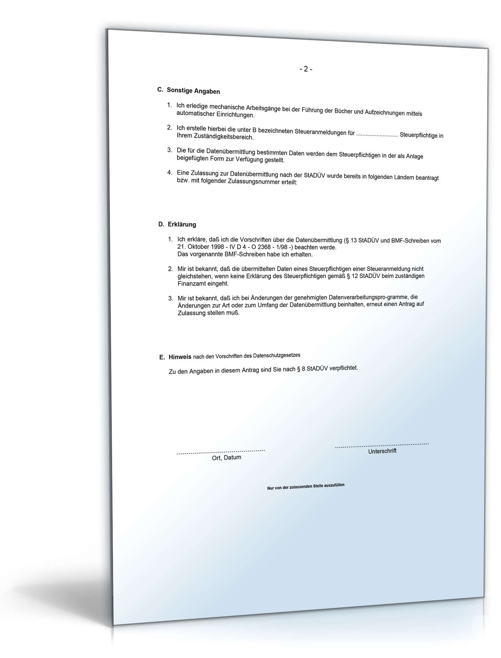 Antrag auf Zulassung zur Datenübermittlung PDF. Seite: 2