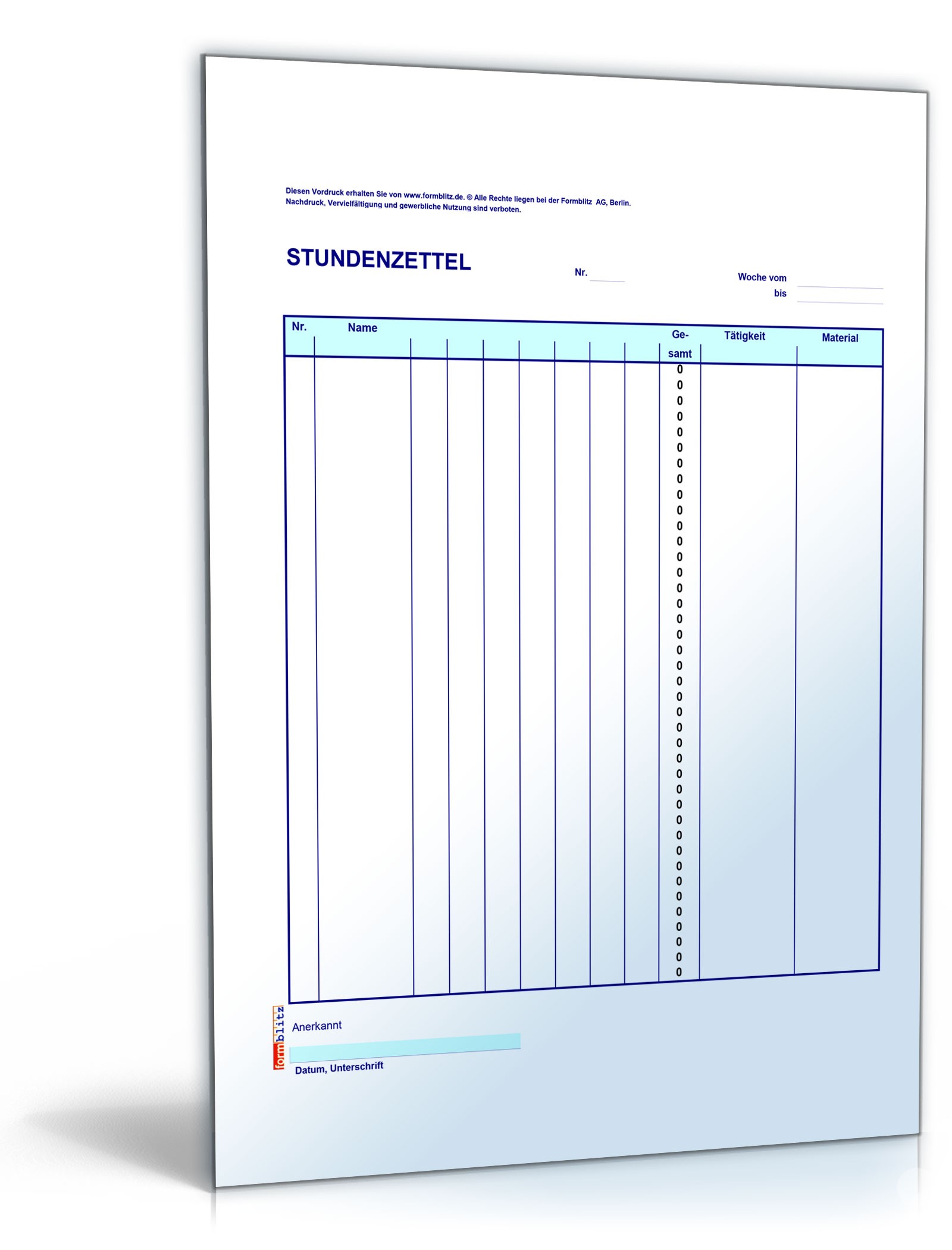 Stundenzettel Kolonne (40) Excel