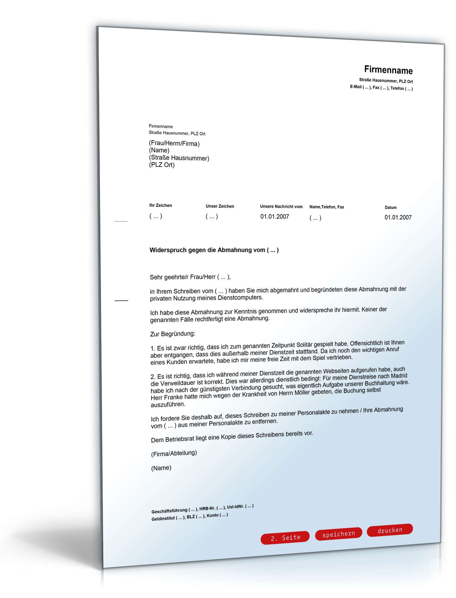 Gegendarstellung Abmahnung private Nutzung Firmencomputer PDF