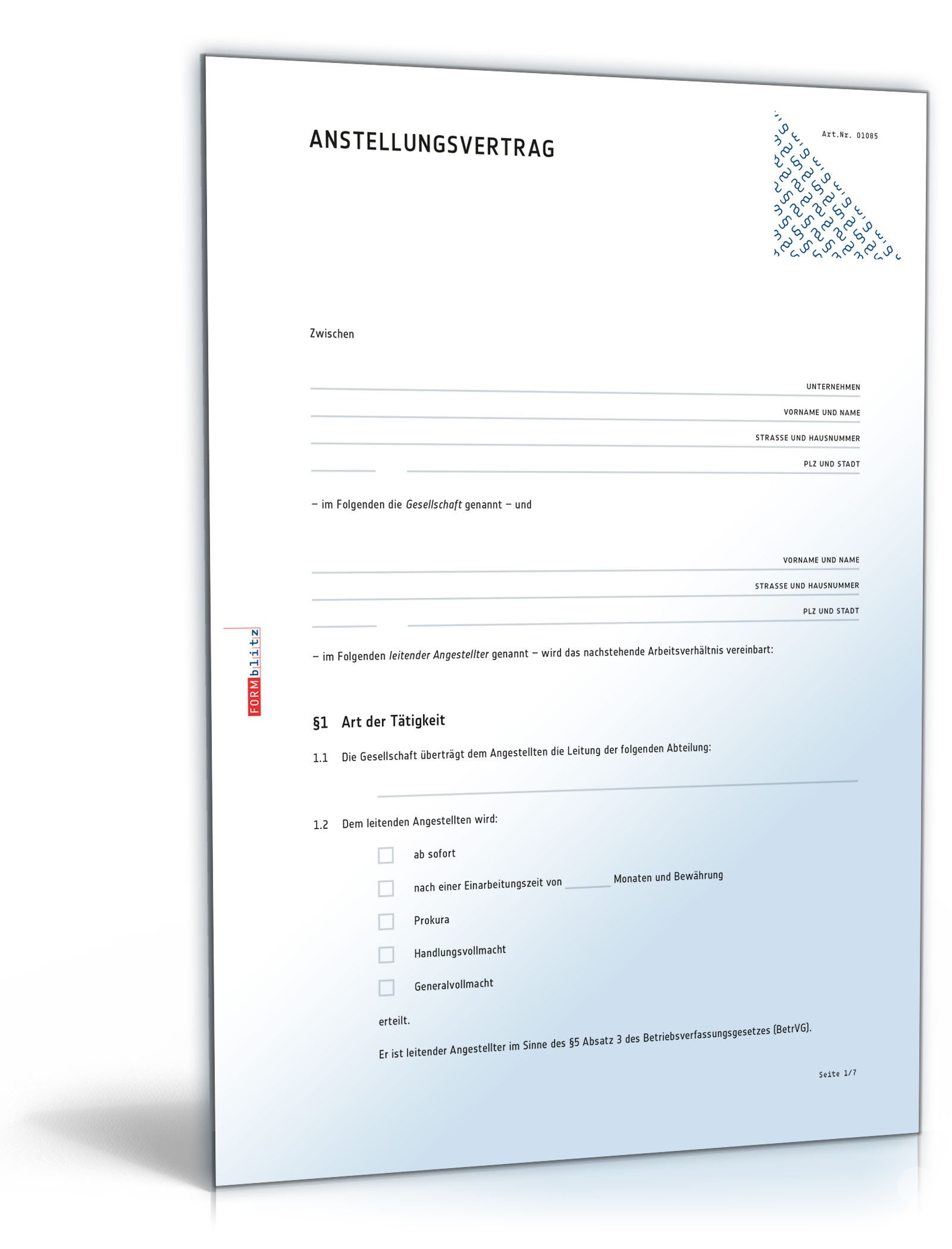 Anstellungsvertrag für leitende Angestellte bei bestehendem Arbeitsverhältnis Word