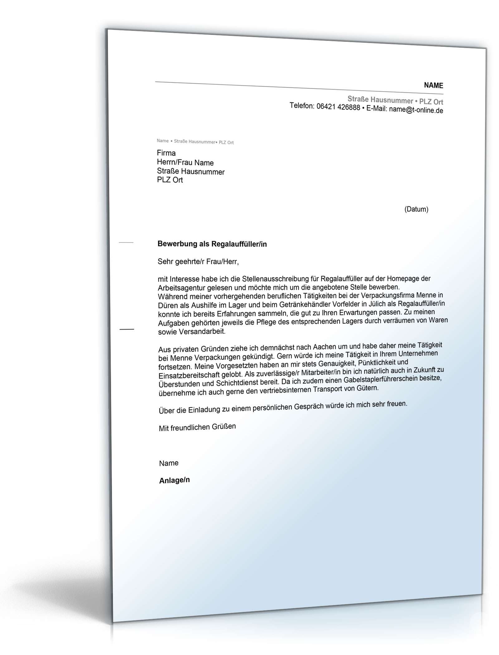 Anschreiben Bewerbung Regalauffüller Excel