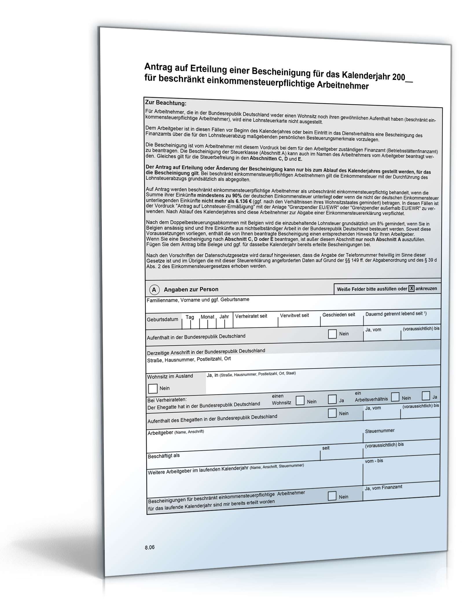 Bescheinigung für beschränkt einkommensteuerpflichtige Arbeitnehmer PDF
