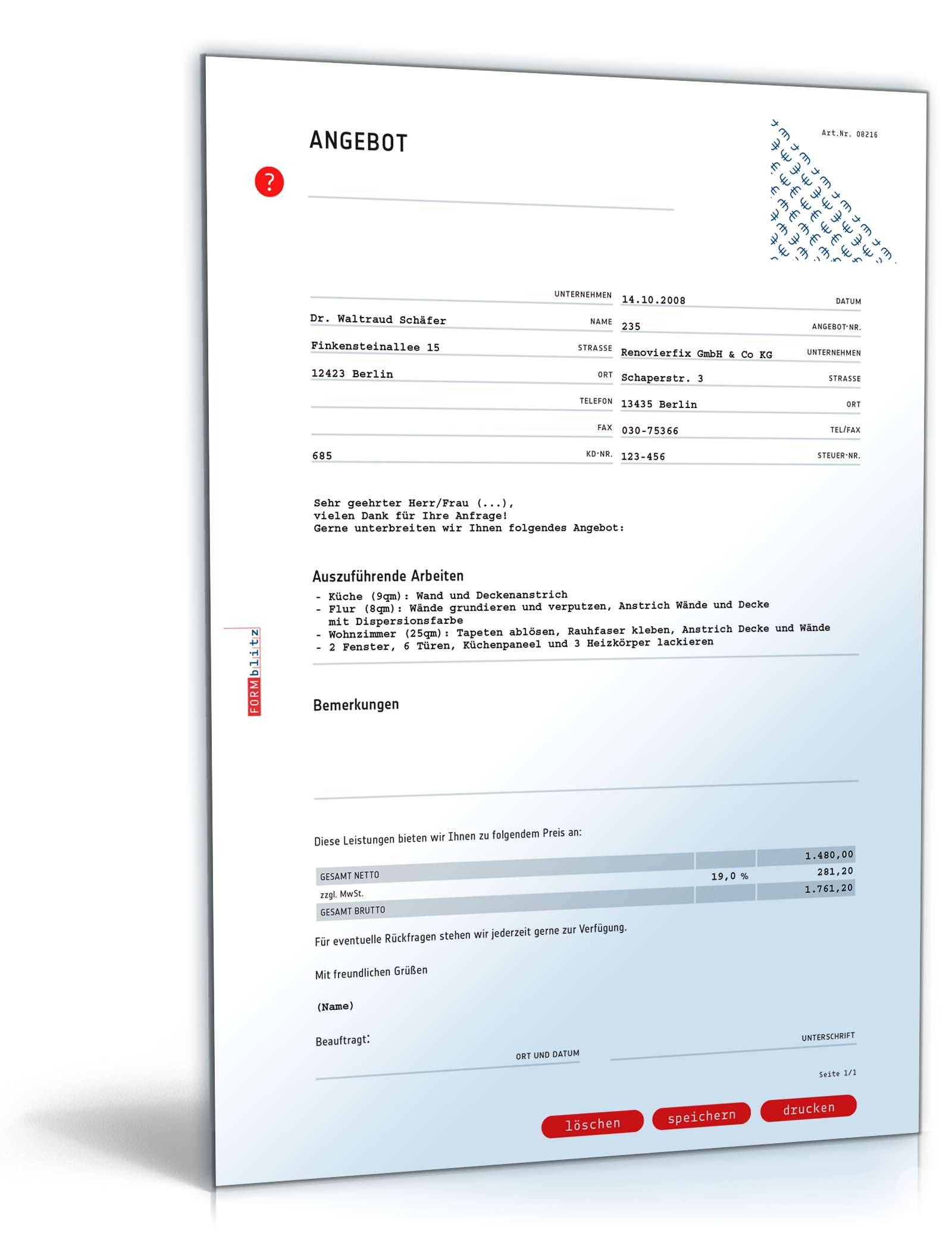 Kostenvoranschlag / Angebot Malerbetrieb Excel. Seite: 3