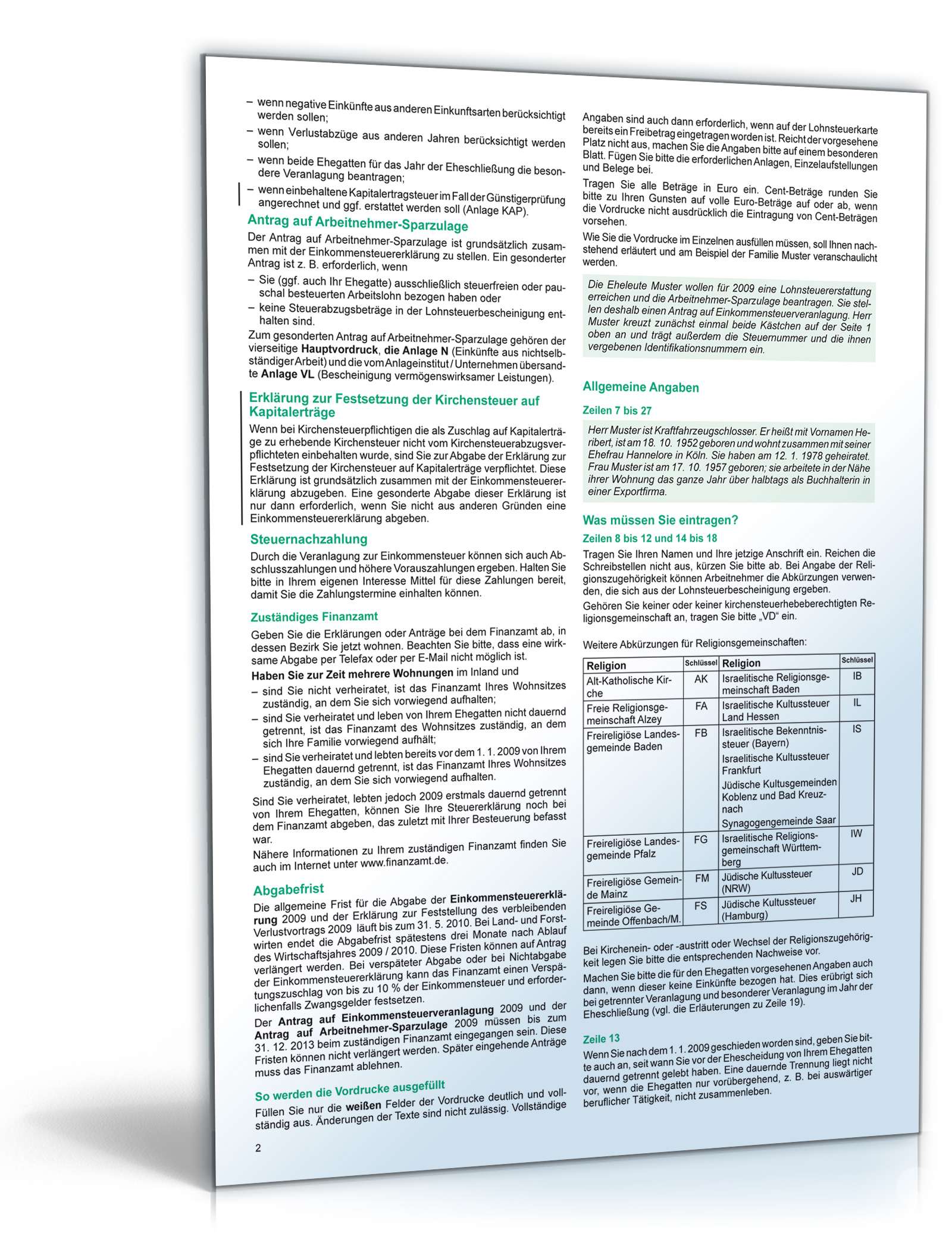 Anleitung zur Einkommensteuererklärung 2009 PDF. Seite: 2