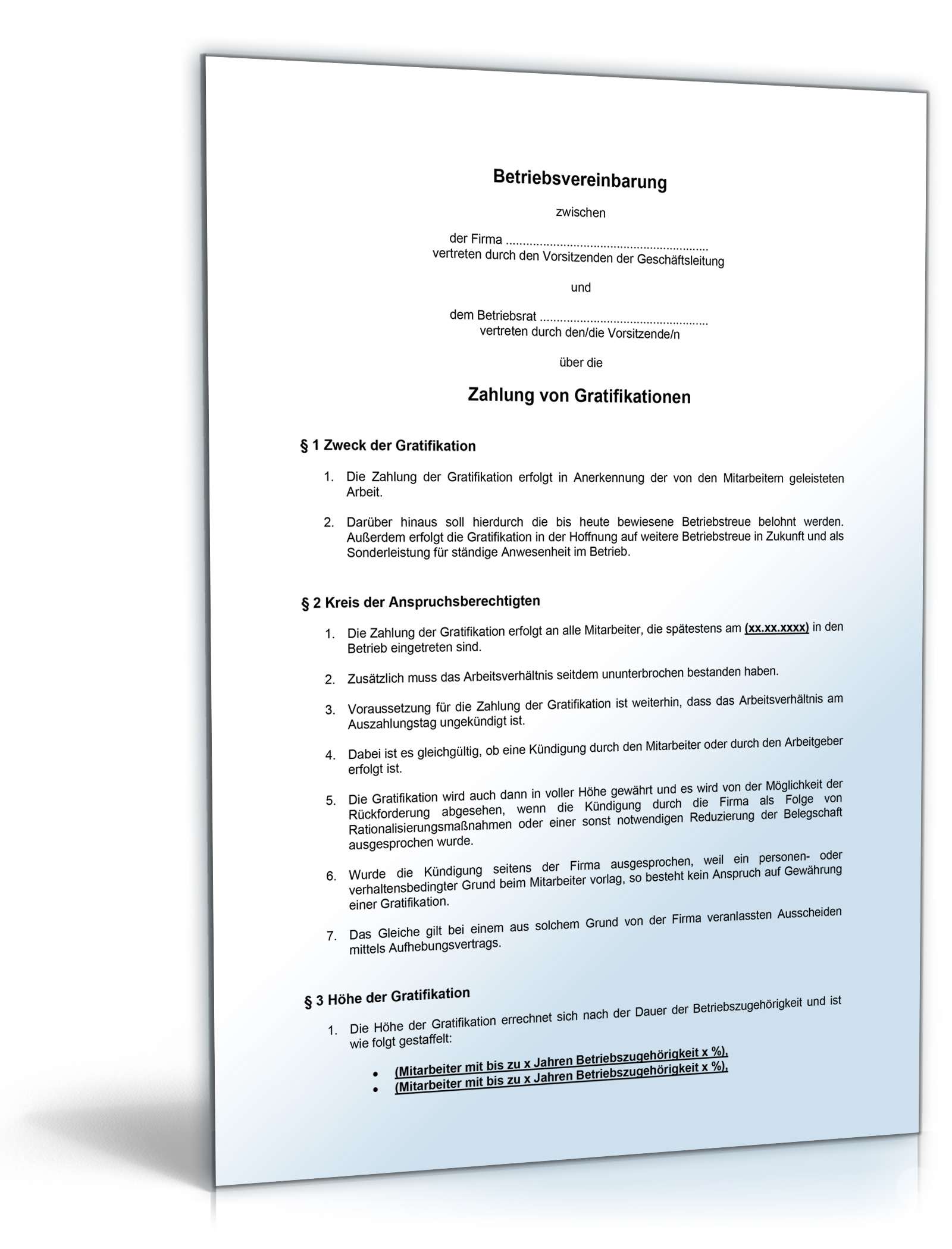 Betriebsvereinbarung Zahlung von Gratifikationen PDF