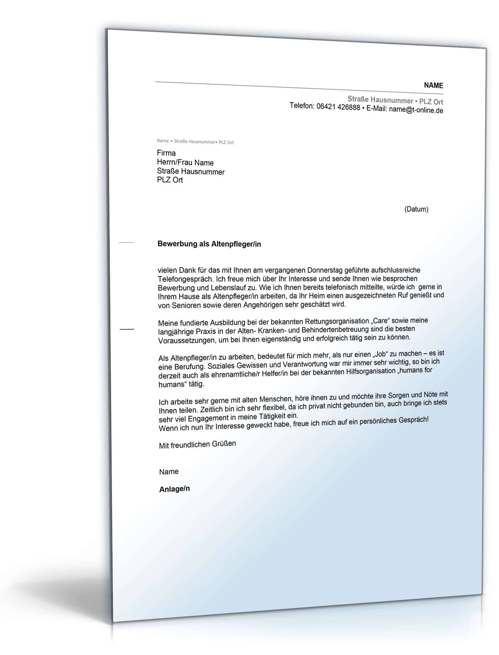 Anschreiben Bewerbung Altenpfleger Excel