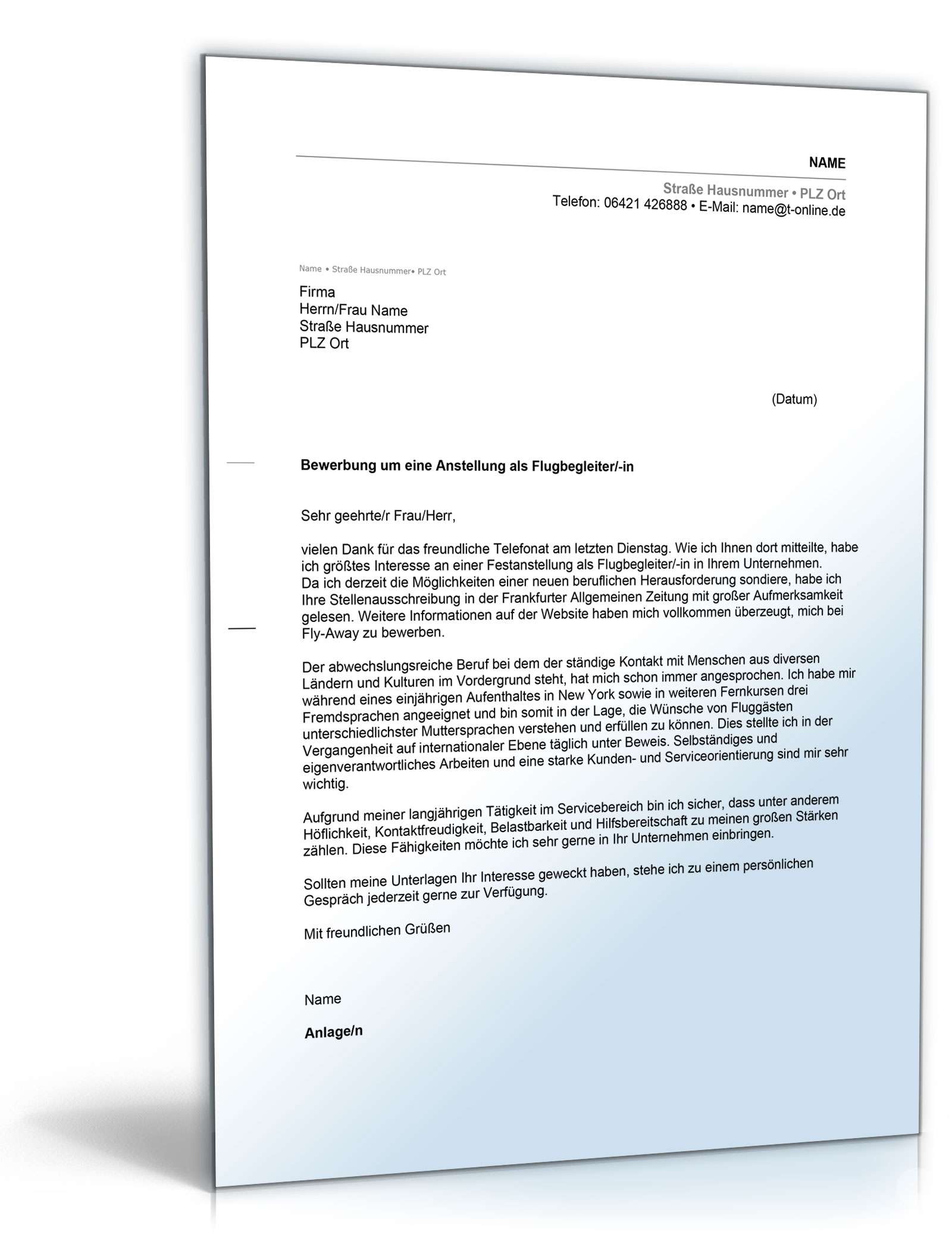 Anschreiben Bewerbung Flugbegleiterin Excel