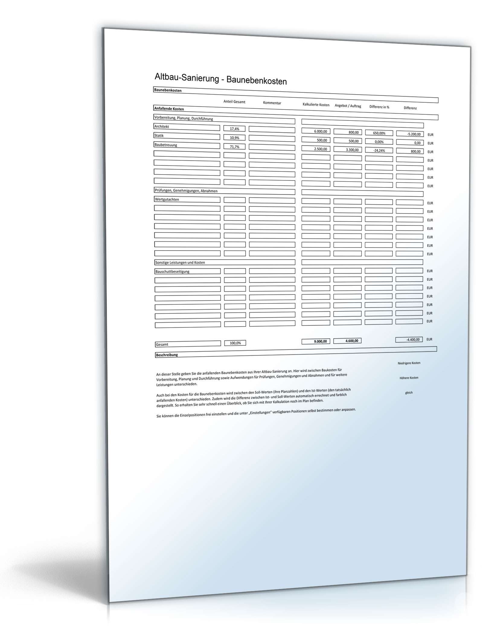 Kostenkalkulation Altbau-Sanierung Excel. Seite: 5