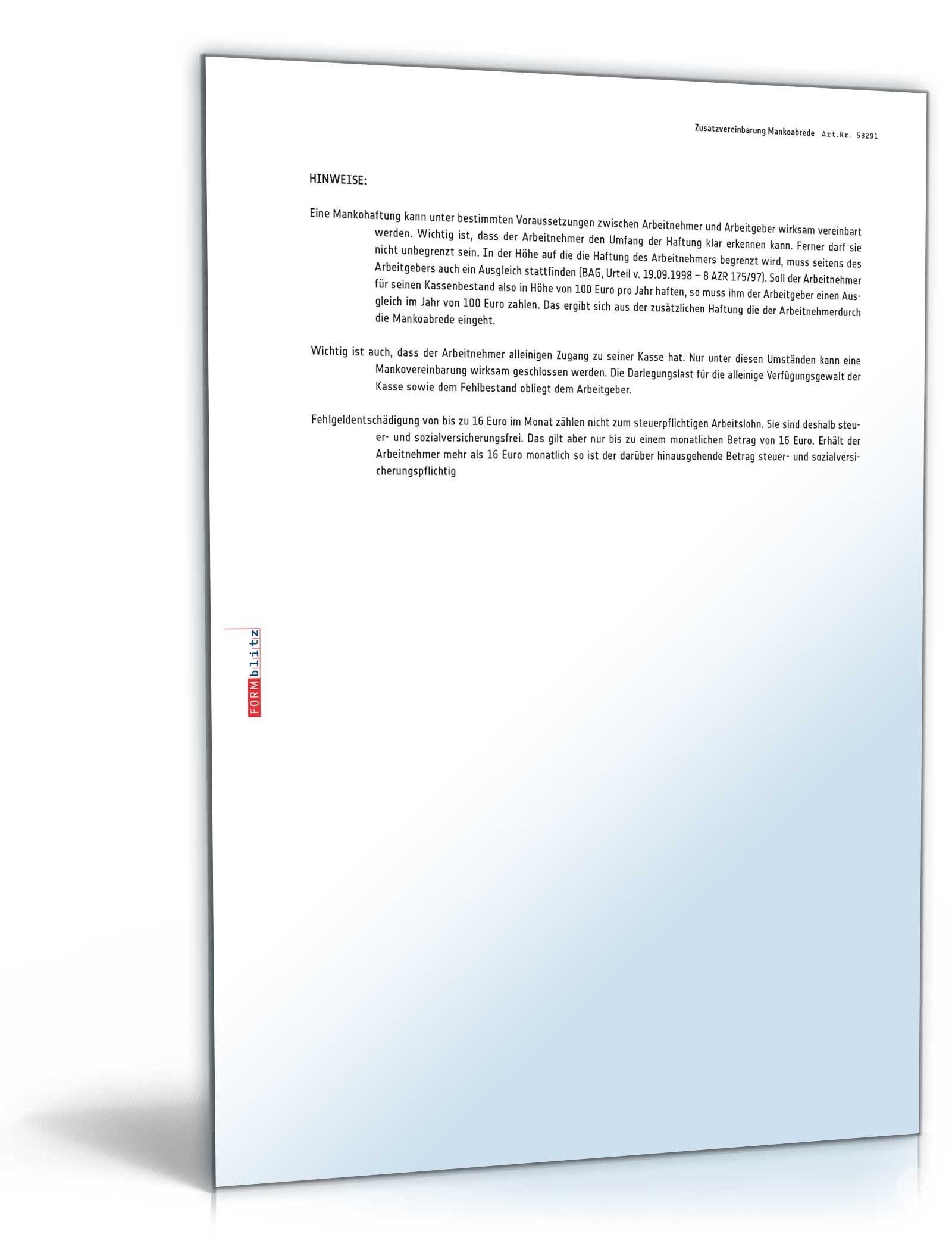 Zusatzvereinbarung Mankoabrede PDF. Seite: 3