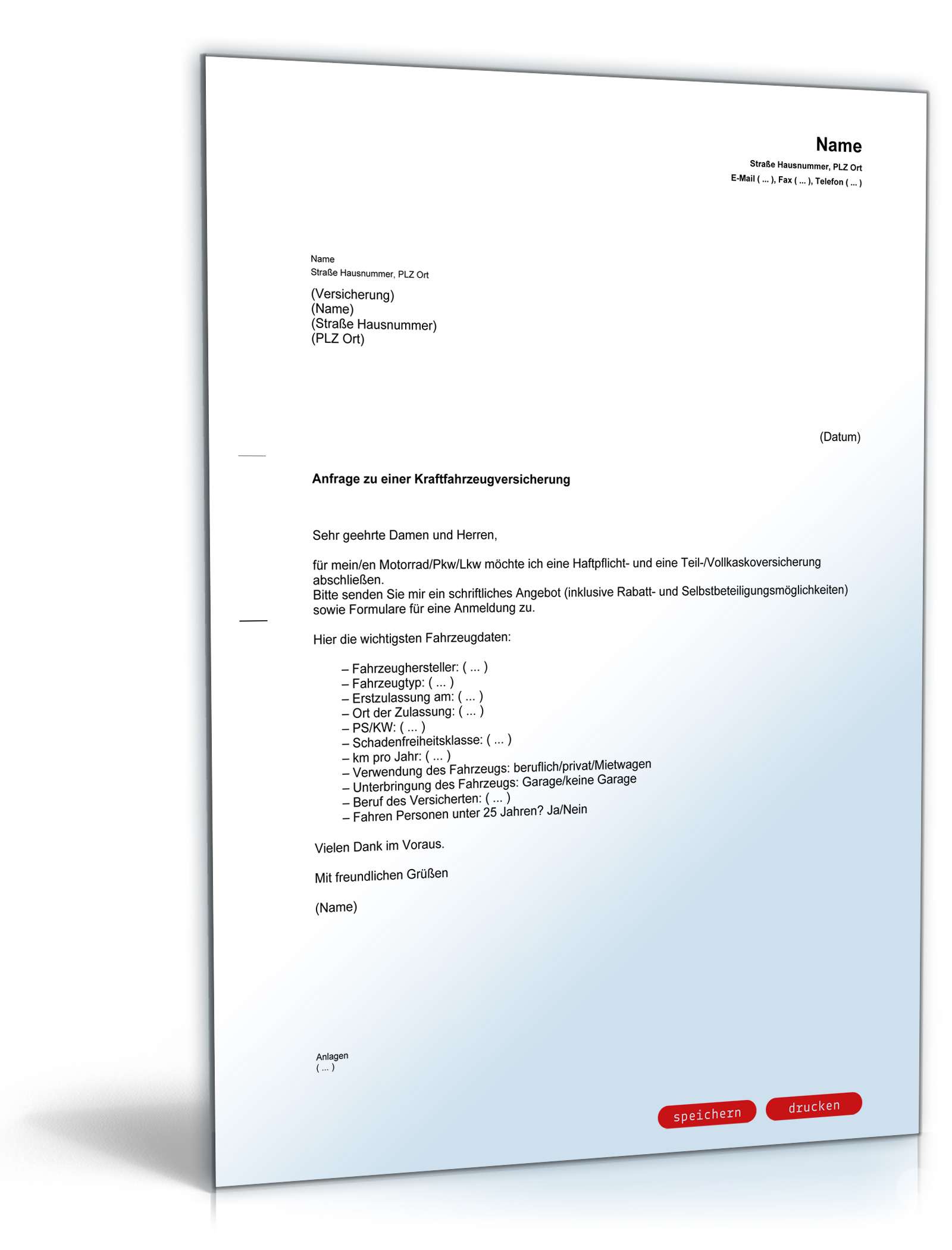 Anfrage Kfz-Versicherung PDF