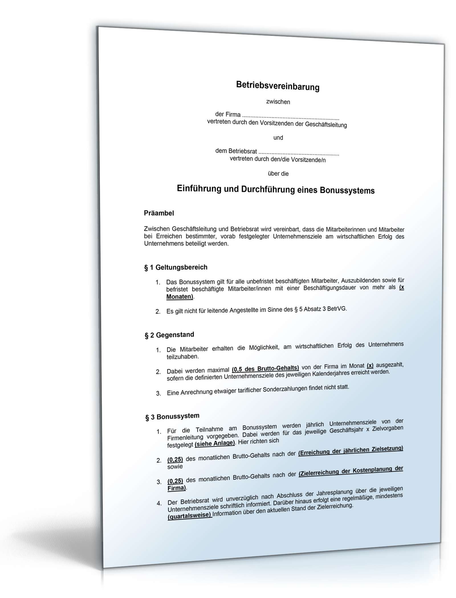 Betriebsvereinbarung Erfolgsziele und Prämien PDF