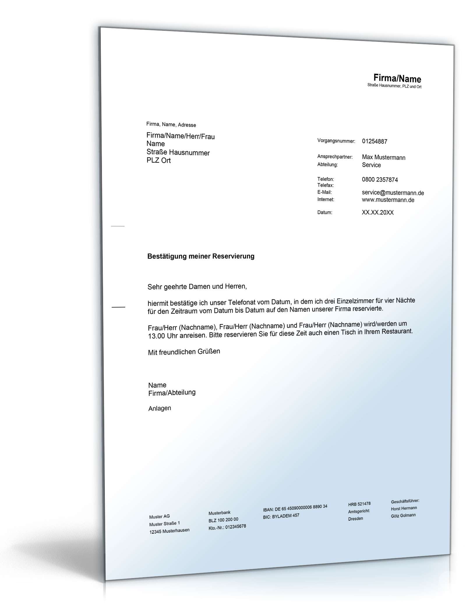 Bestätigung Zimmerreservierung durch Firma Word