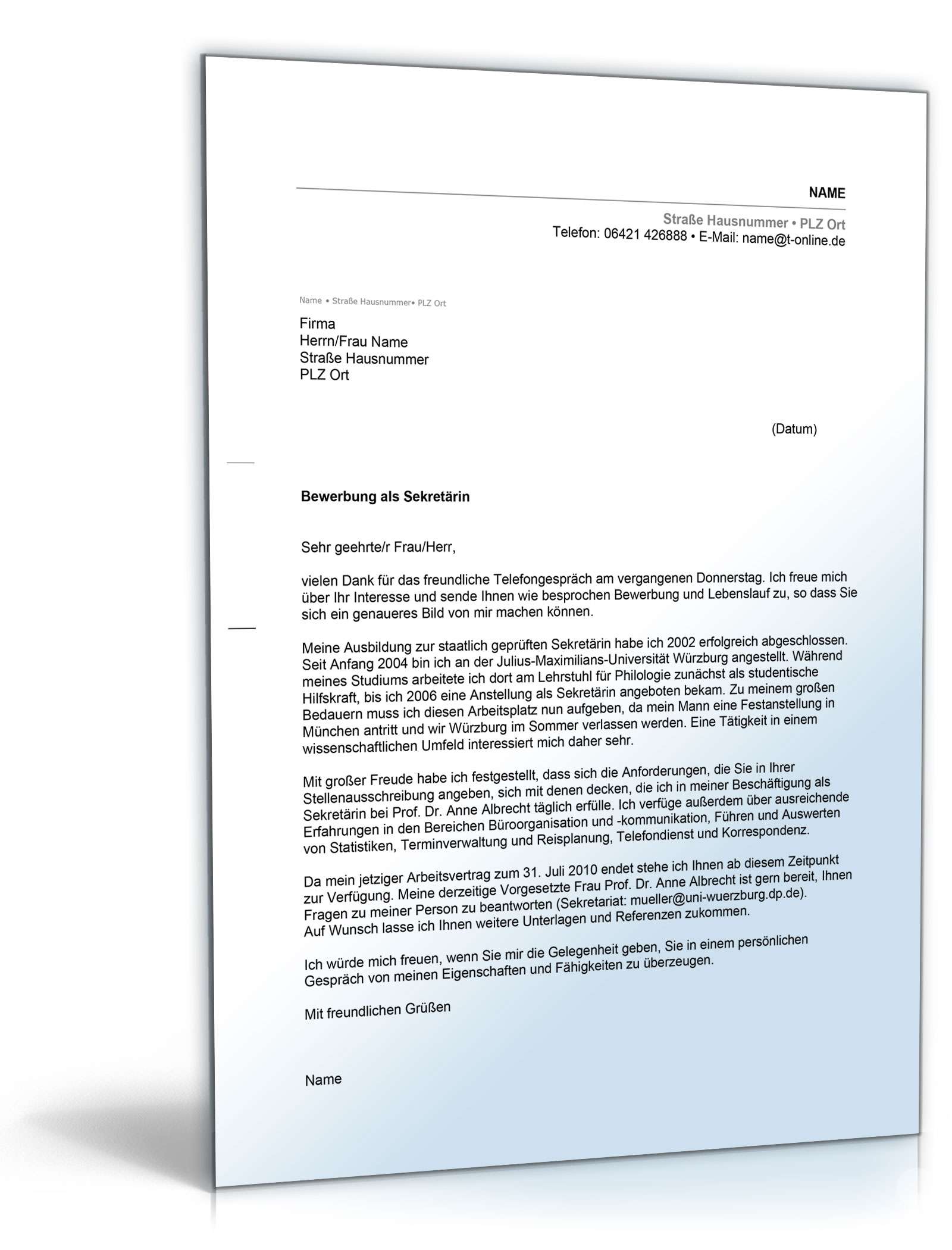 Anschreiben Bewerbung Sekretärin Excel