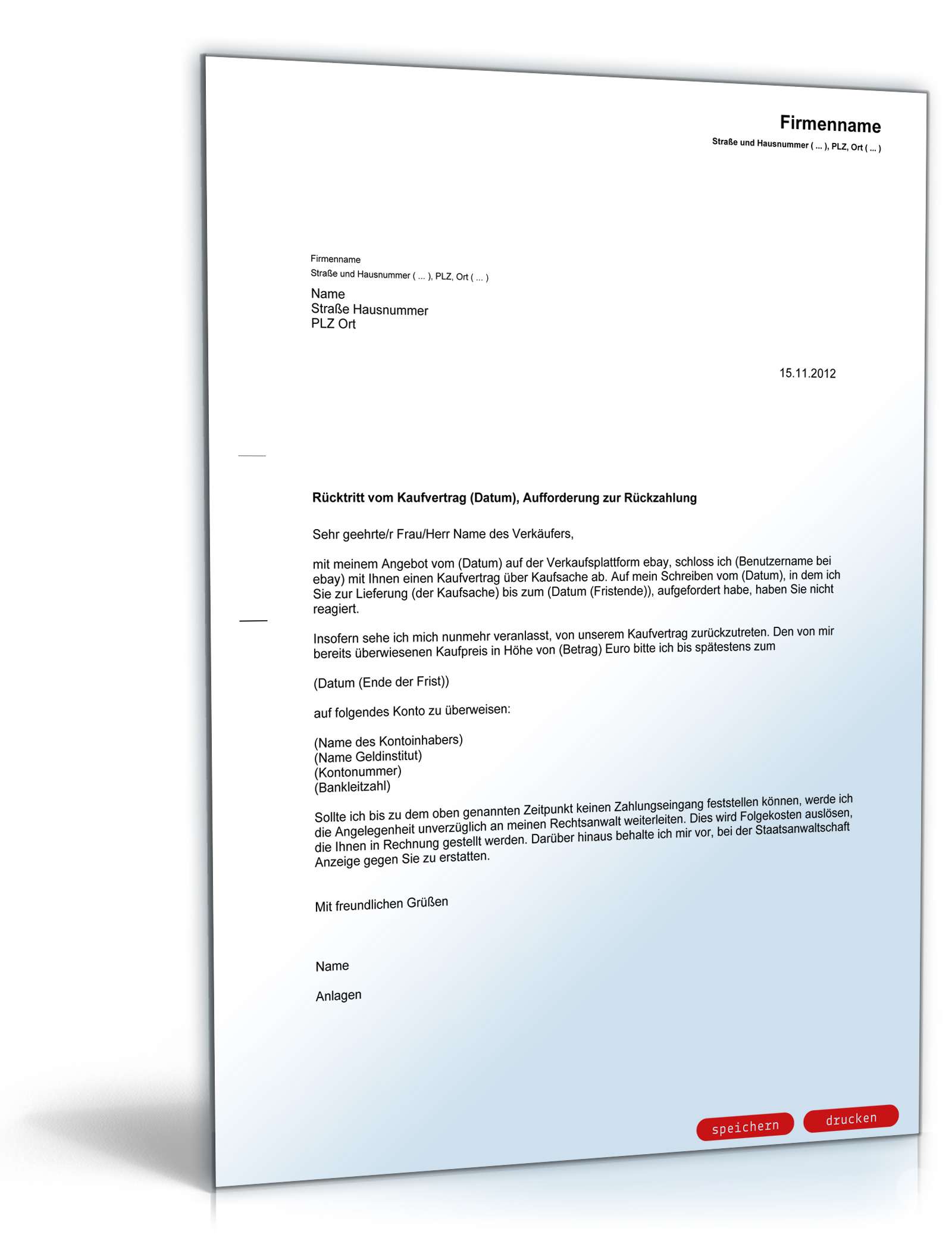 Rücktrittserklärung Aufforderung Kaufpreisrückzahlung Word