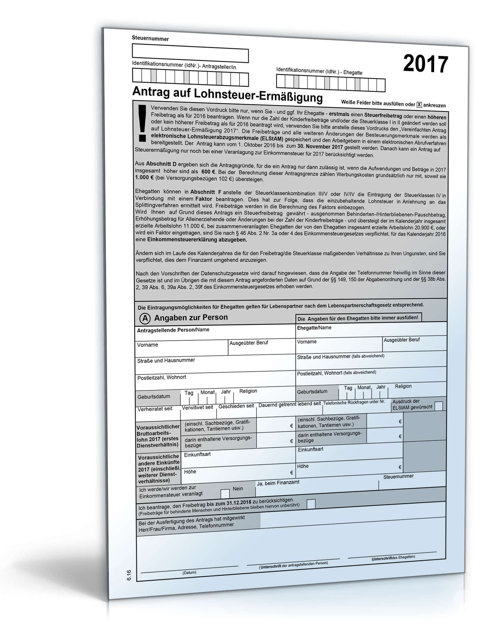 Antrag auf Lohnsteuer-Ermäßigung 2017 PDF