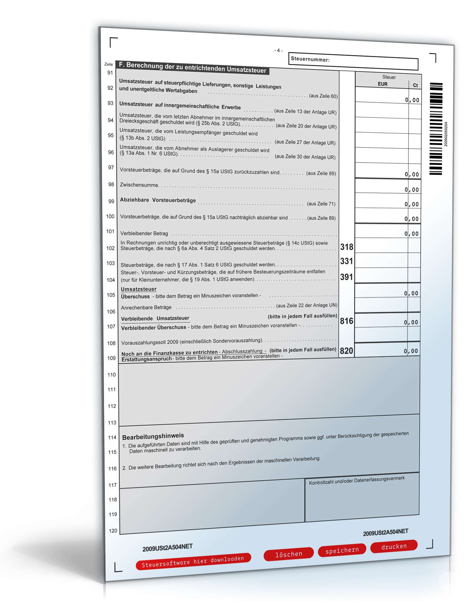 Hauptbogen Umsatzsteuererklärung 2009 PDF. Seite: 4