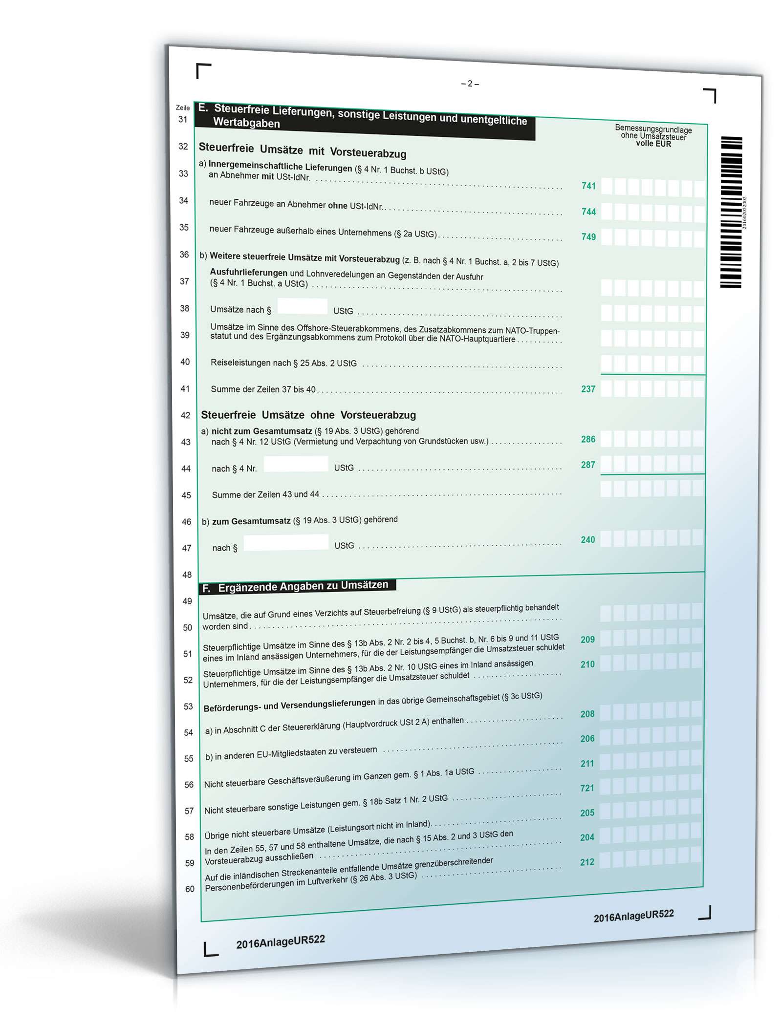 Anlage UR zur Umsatzsteuererklärung 2016 PDF. Seite: 2