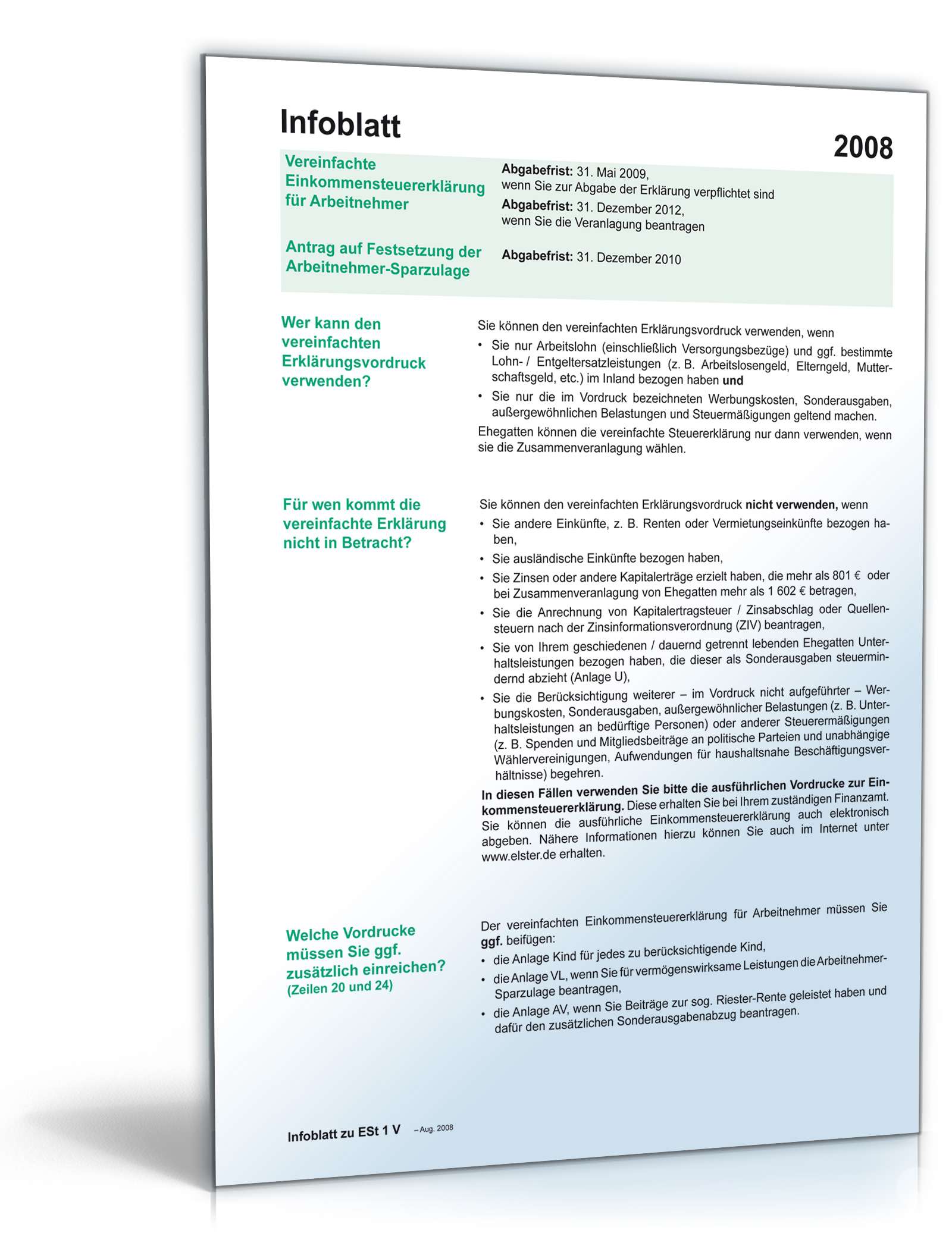 Anleitung vereinfachte Einkommensteuererklärung 2008 PDF