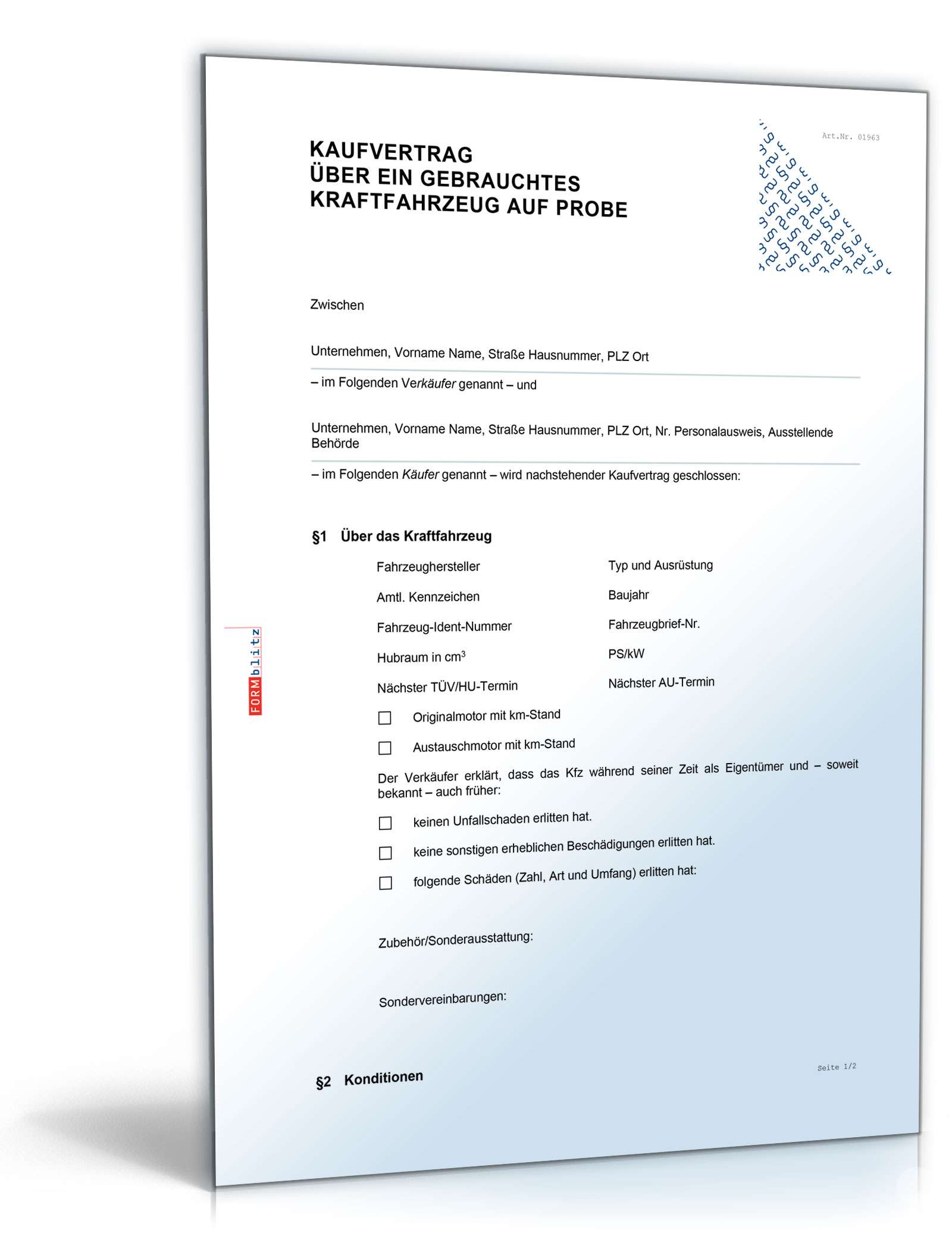 Kaufvertrag gebrauchtes Kfz auf Probe Word