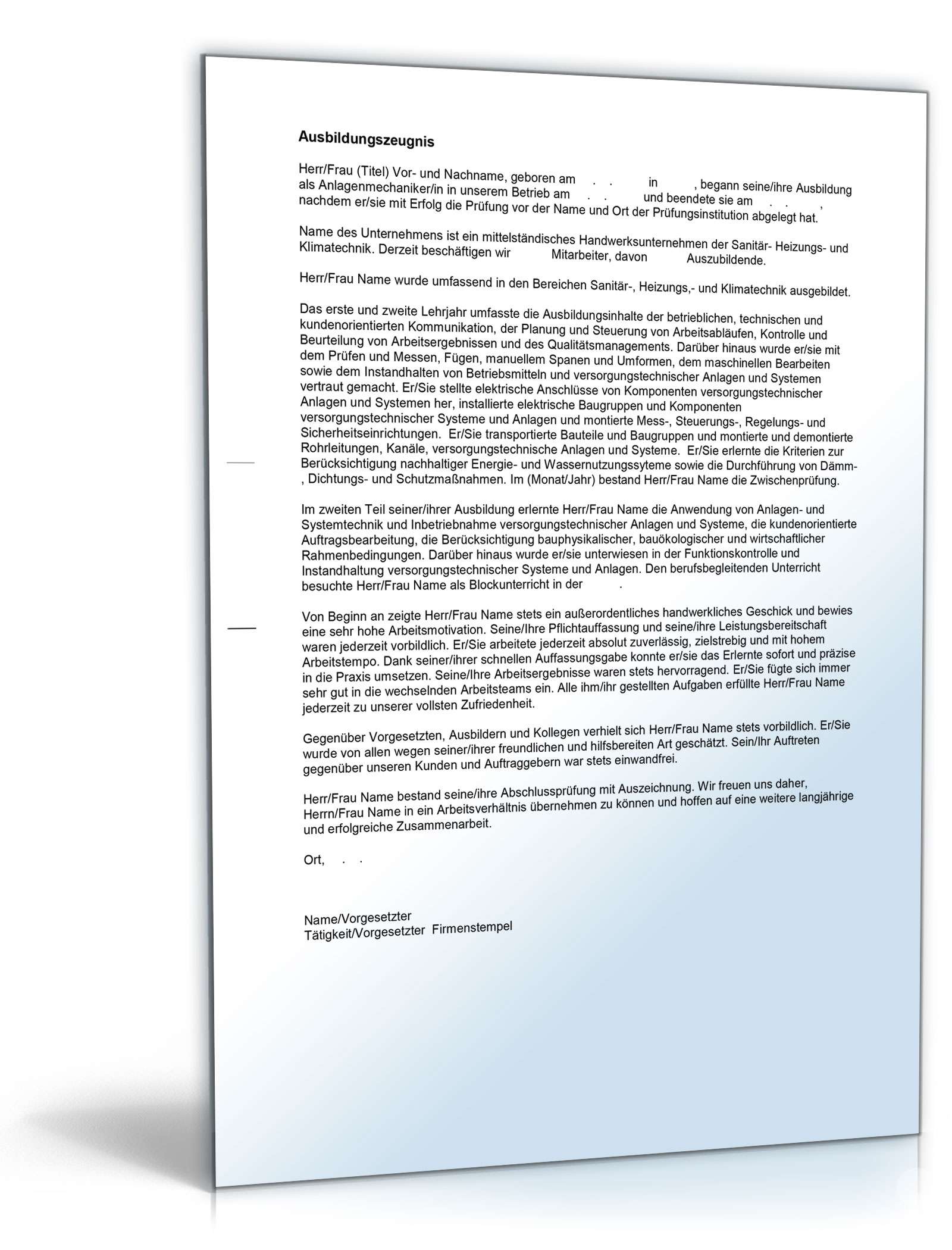 Ausbildungszeugnis Anlagenmechaniker Excel. Seite: 4