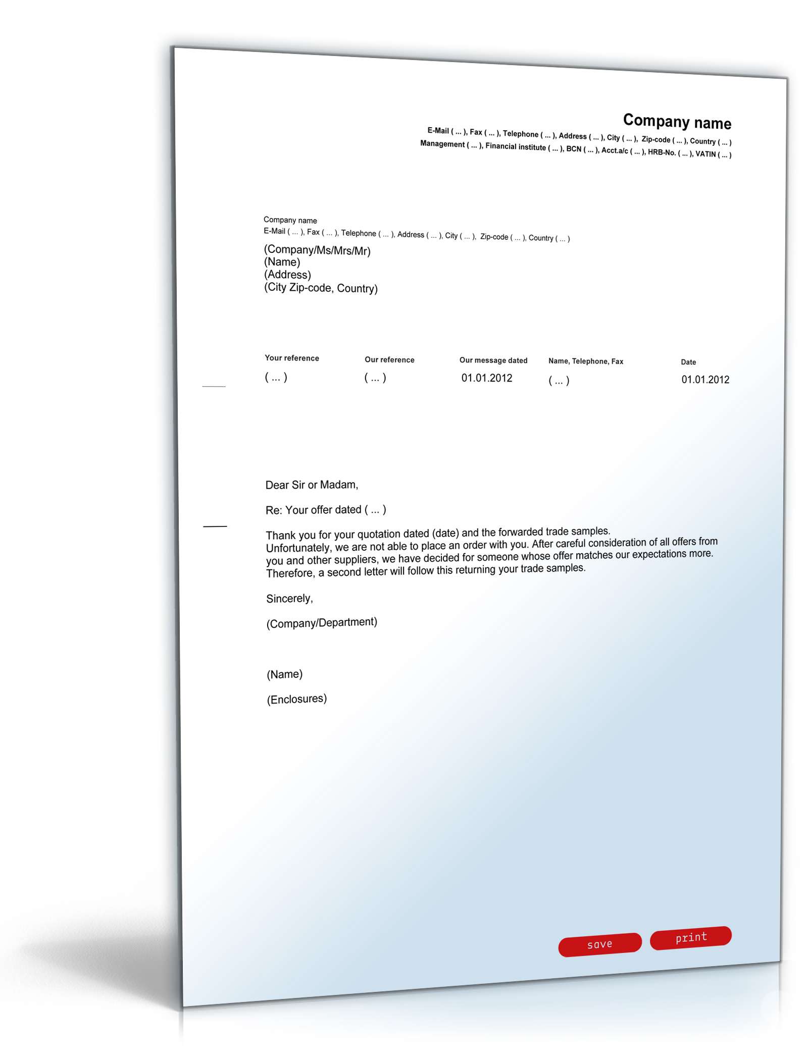 Absage nach Angebotsvergleich Englisch/Deutsch PDF