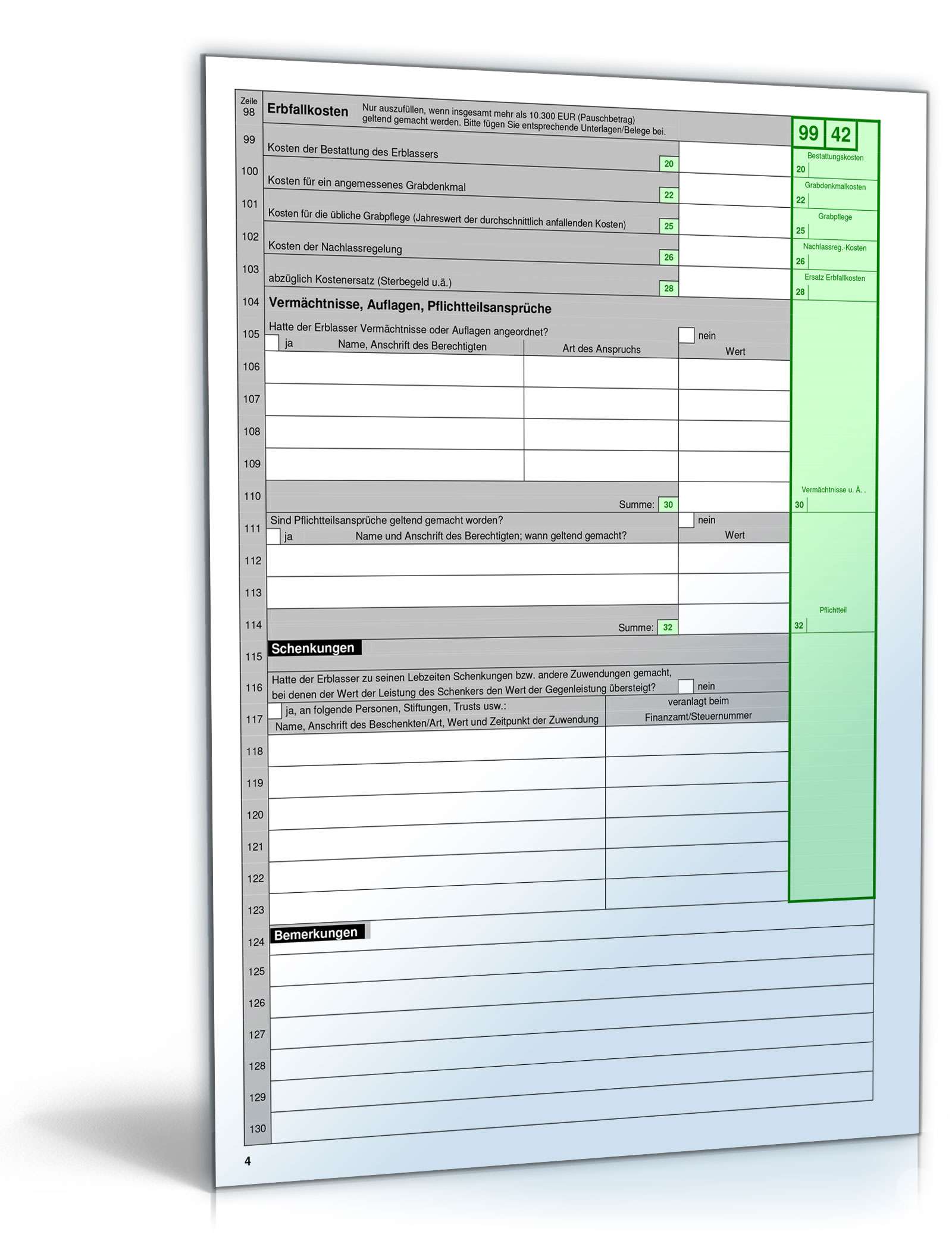Formulare zur Erbschaftssteuererklärung Excel. Seite: 4