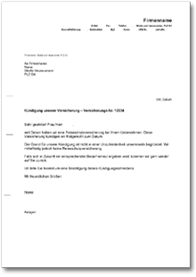 Fristgemäße Kündigung Reiseschutzversicherung Word