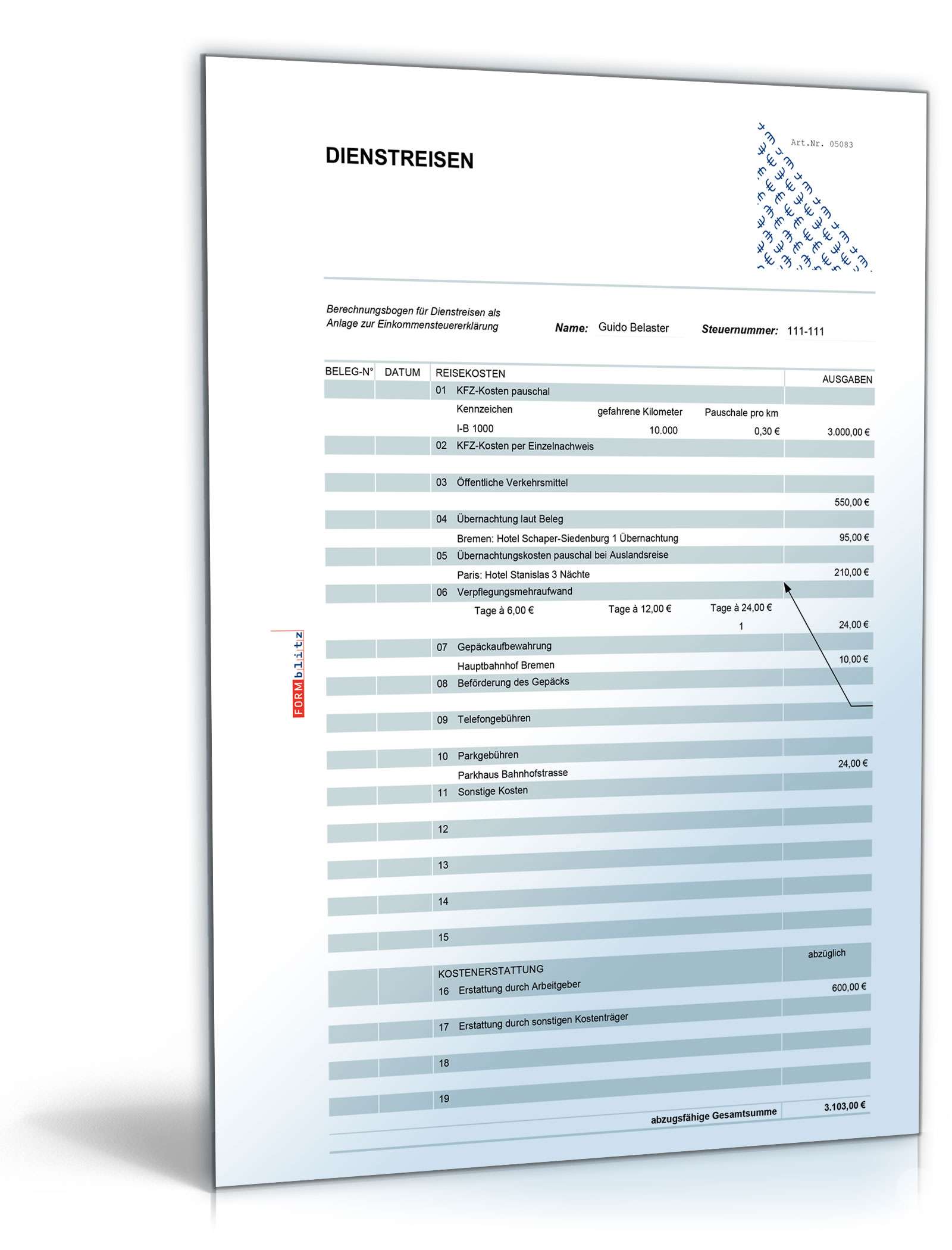 Ermittlung abzugsfähiger Werbungskosten Excel. Seite: 5
