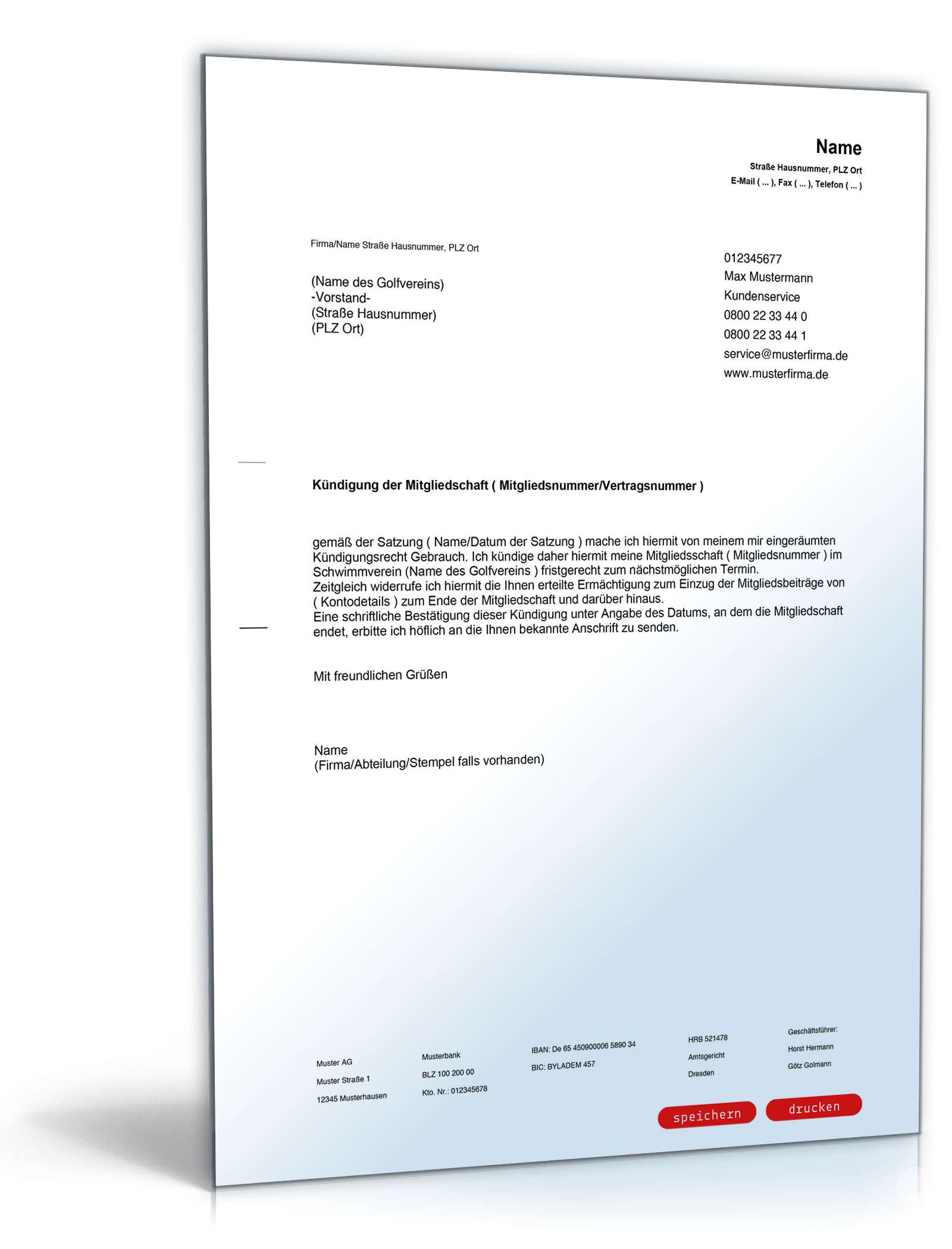 Kündigung Mitgliedschaft Golfverein PDF