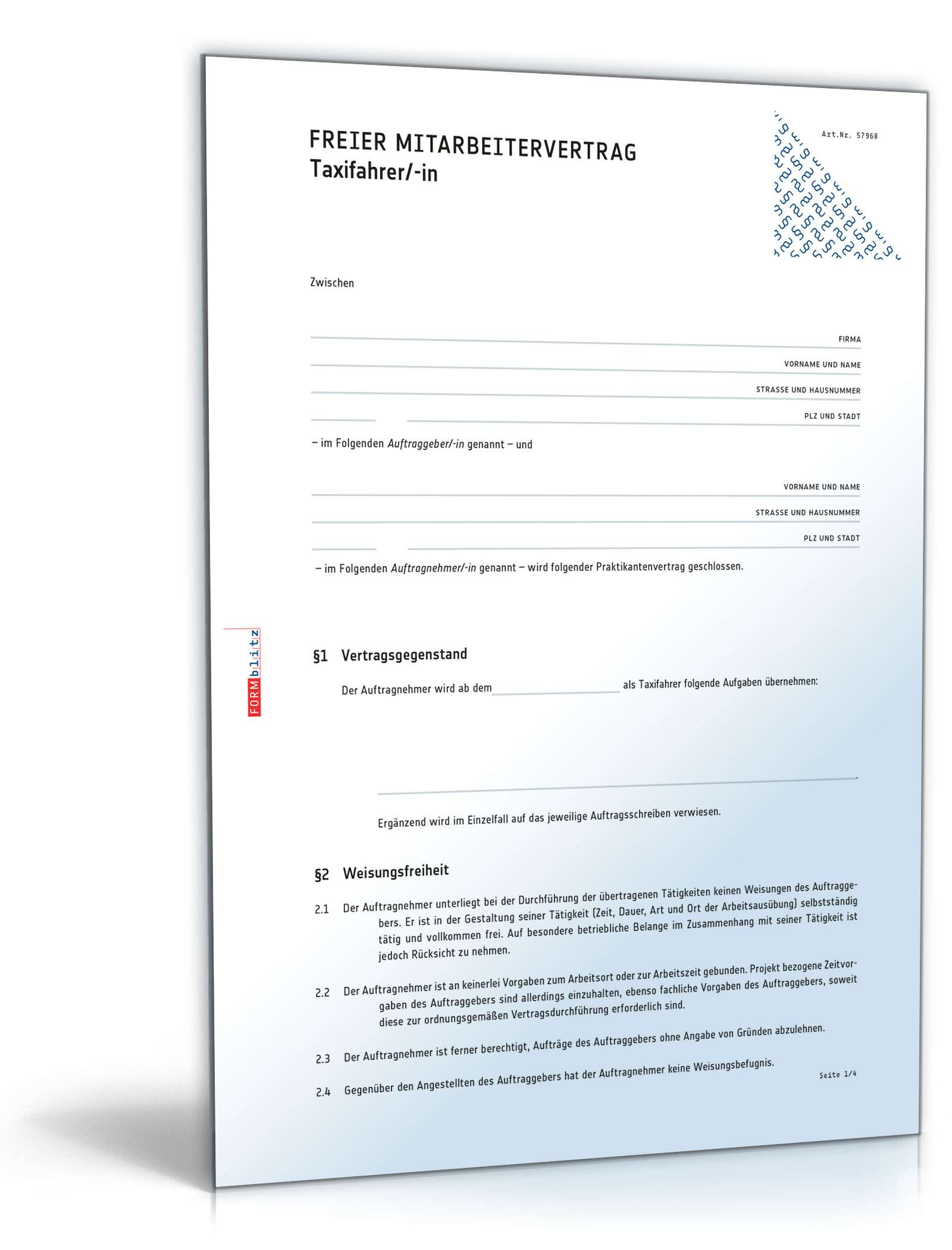 Freier Mitarbeitervertrag Taxifahrer PDF