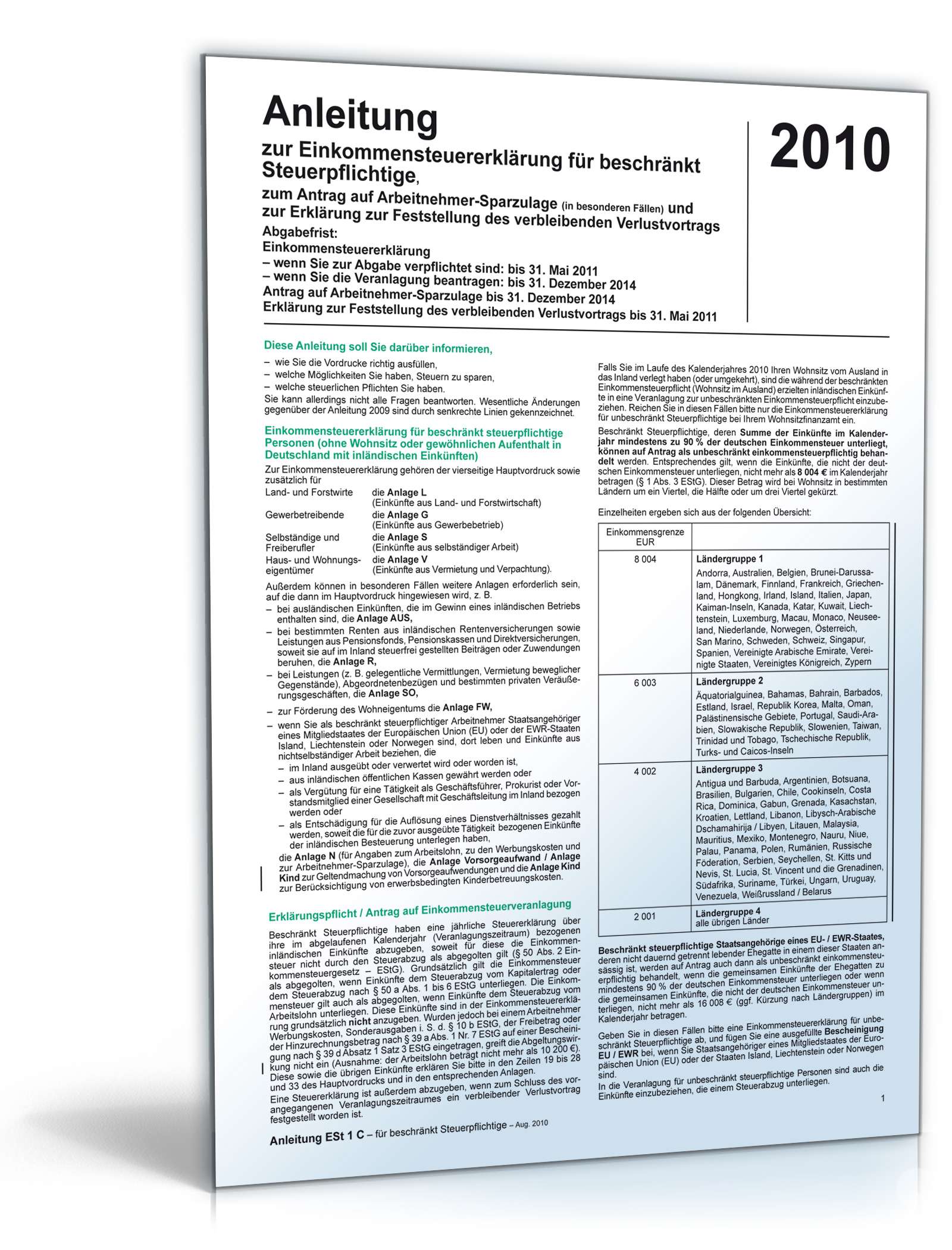 Anleitung Einkommensteuererklärung beschränkt Steuerpflichtige 2010 PDF