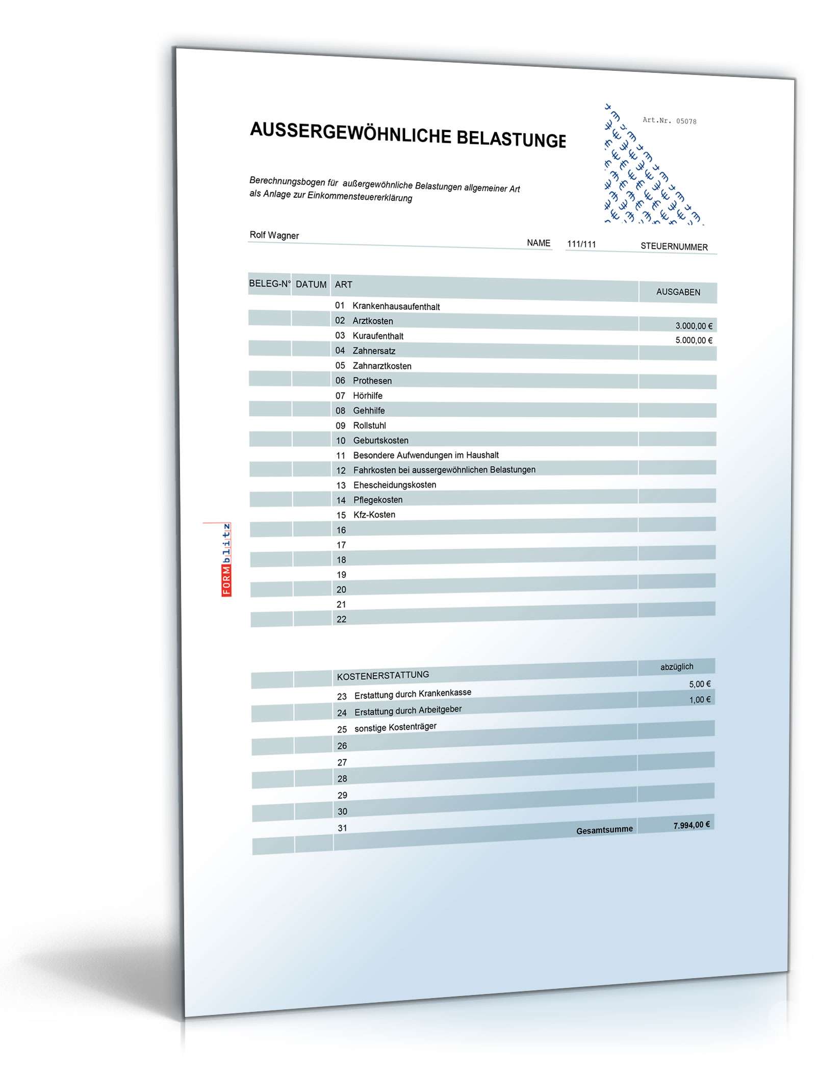 Rechentabelle Werbungskosten außergewöhnliche Belastungen Excel