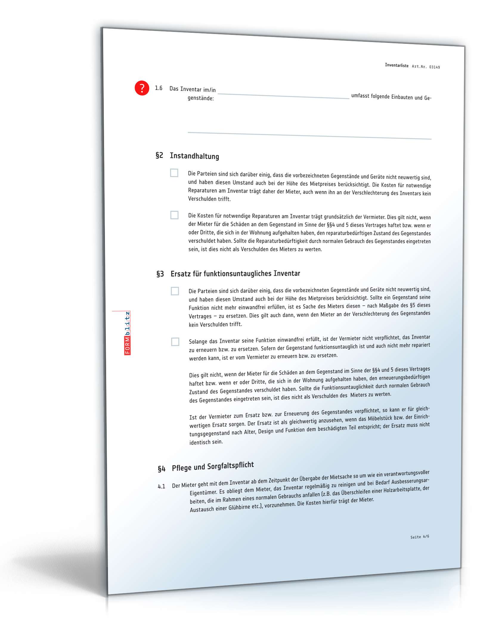 Inventarliste Mietvertrag PDF. Seite: 4