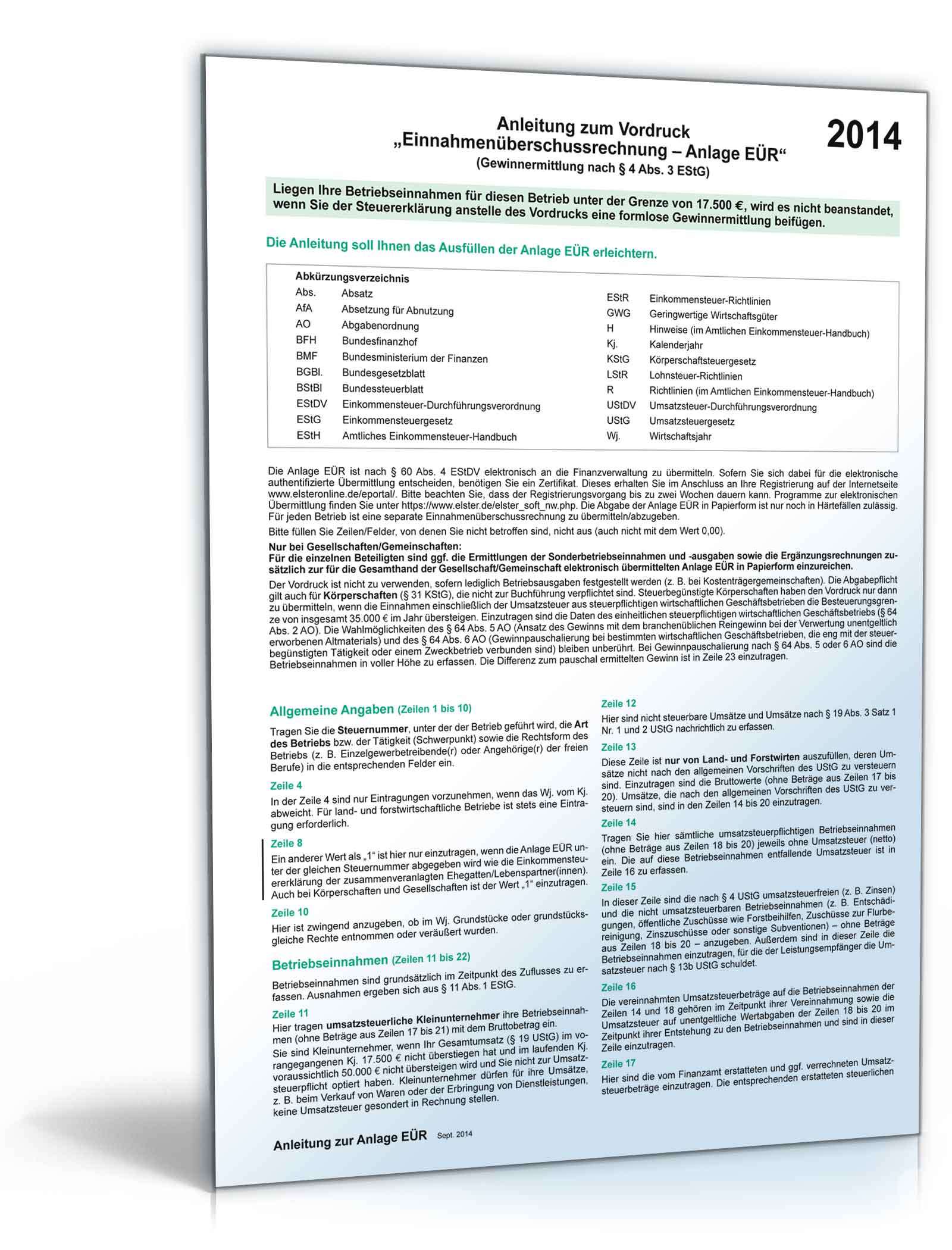 Anleitung zur Anlage EÜR 2014  PDF