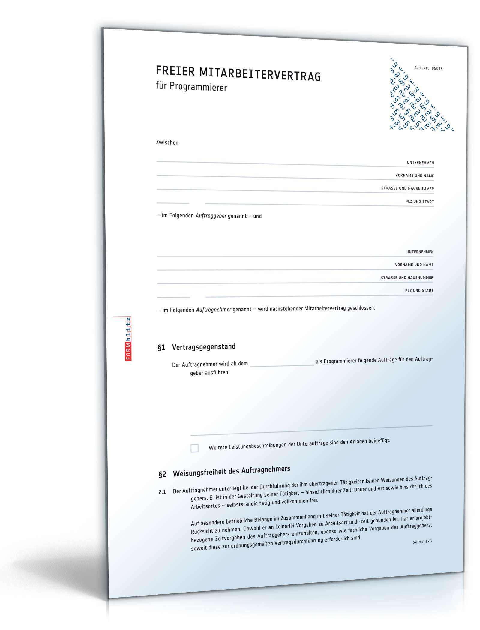 Freier Mitarbeitervertrag Programmierer PDF